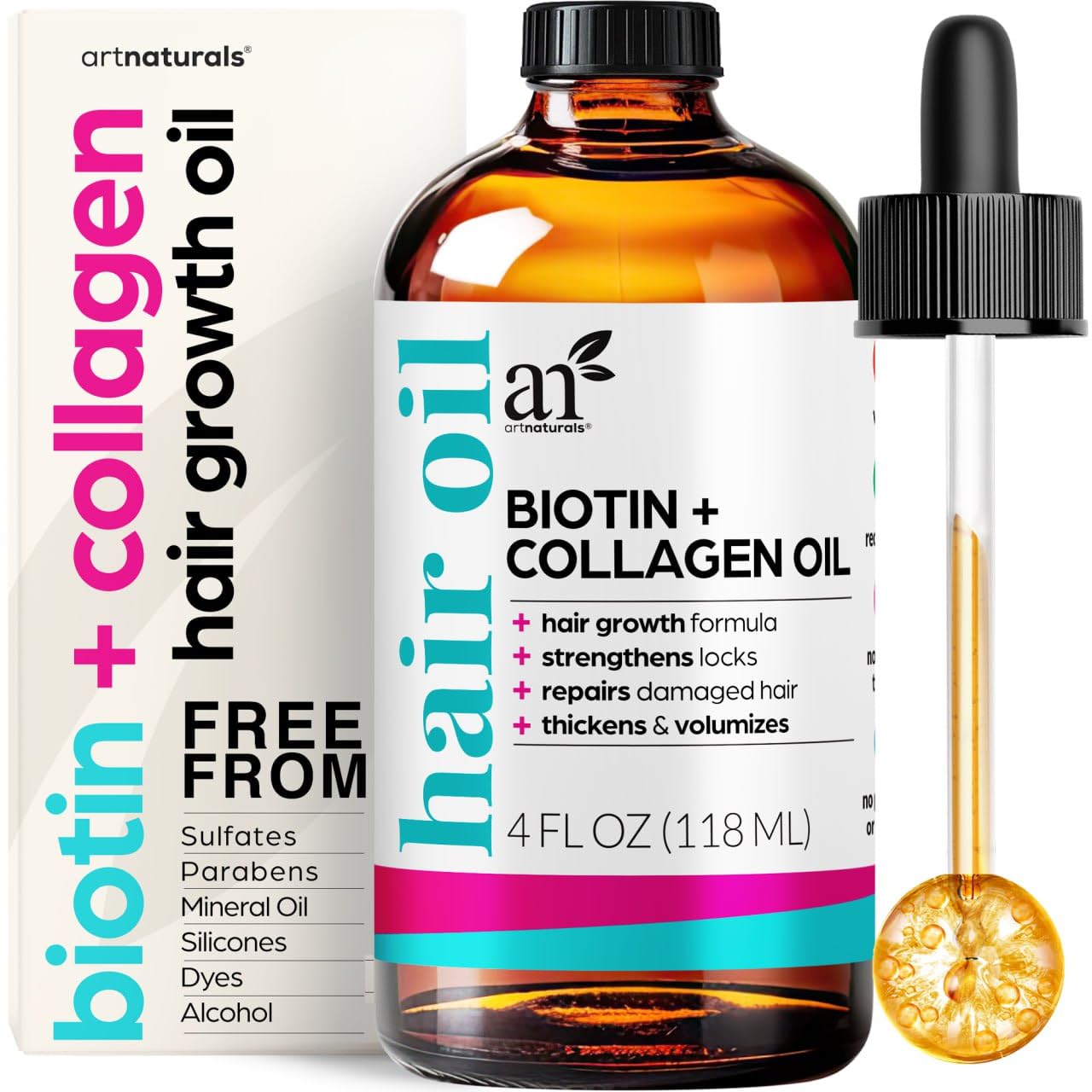 artnaturals Biotin Collagen Hair Oil 4.0oz - Growth Promoting Volumizing Formula - Reduce Hair Loss, Strengthens and Nourishes H