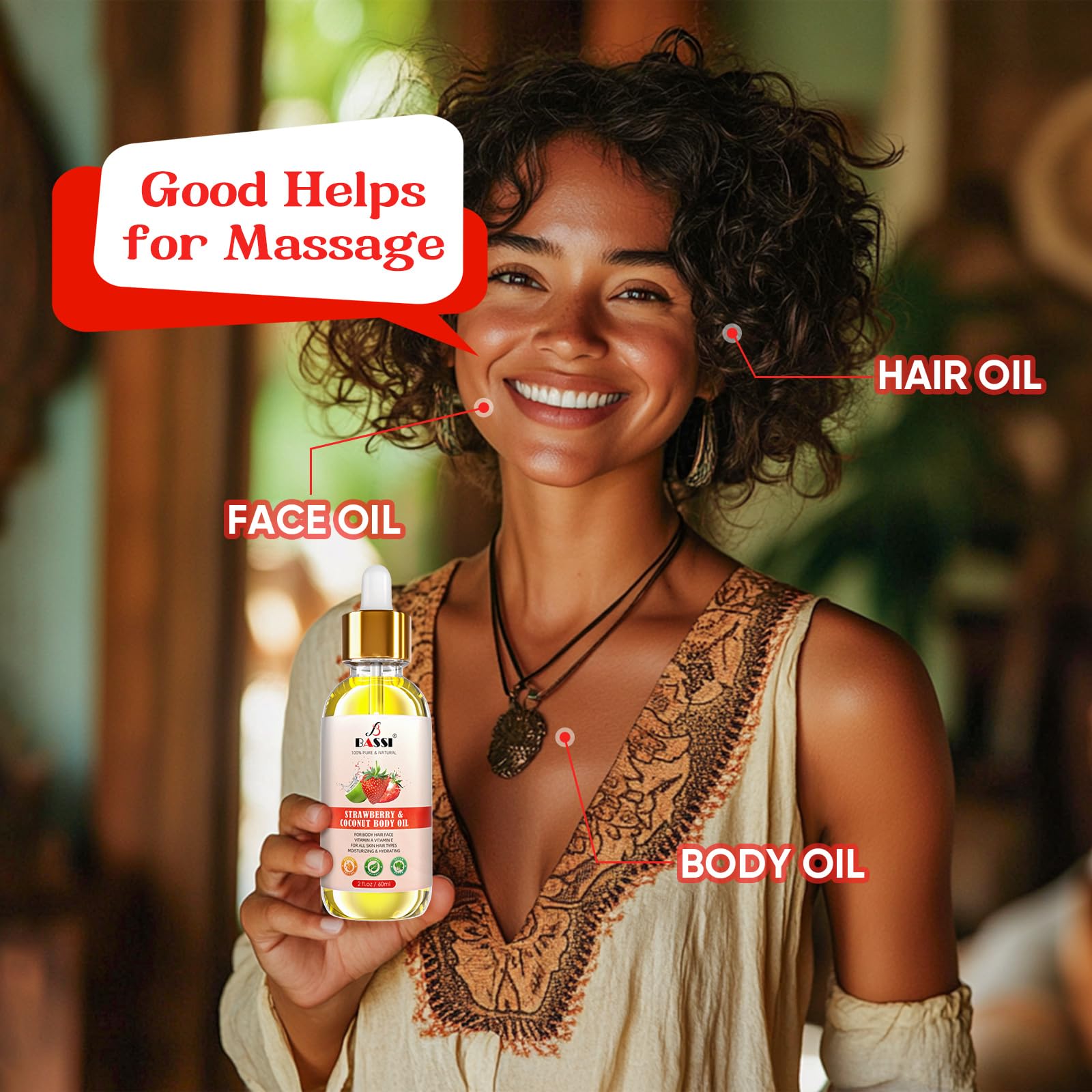 Bassi 2Pcs Organic Coconut Oil Strawberry Moisturizing Body Oil With Vitamin E, Bath Oil For Dry Skin Hydrating, Body Oil, Relax