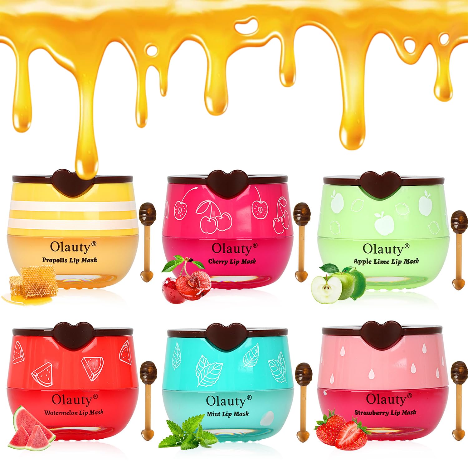 6 Pcs Bee Lip Balm Honey Pot, Honey & Strawberry & Watermelon & Apple Lime & Cherry & Mint Lip Sleeping Mask Overnight, Bee Lip