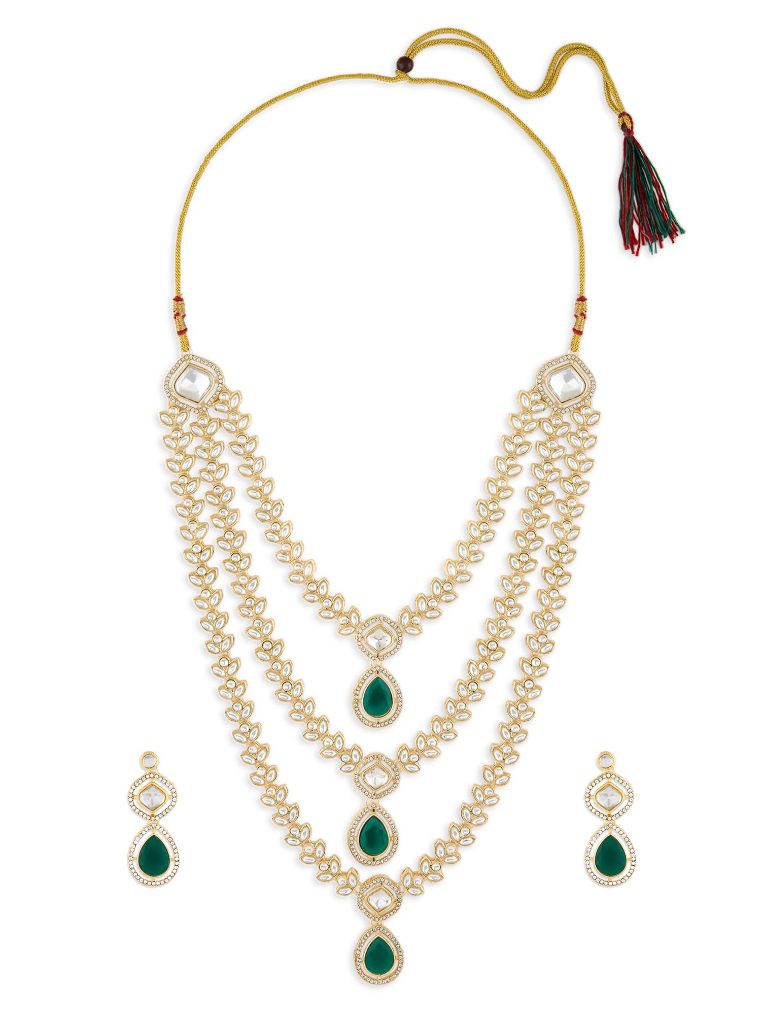 Zaveri Pearls Green Dazzling Stones Austrian Diamonds Embellished Layered Necklace & Earring Set For WomenZpfk18891
