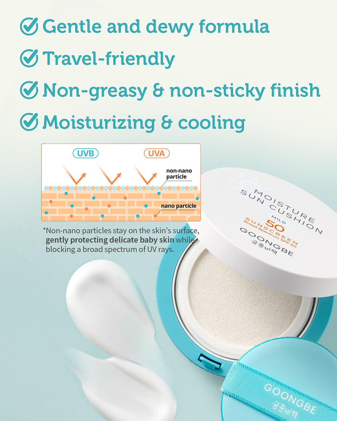 GOONGBE Moisture Sun Cushion Mild SPF 50 - Korean Moisturizing & Soothing Zinc Oxide Mineral Sunscreen - Travel Friendly Sun Cus