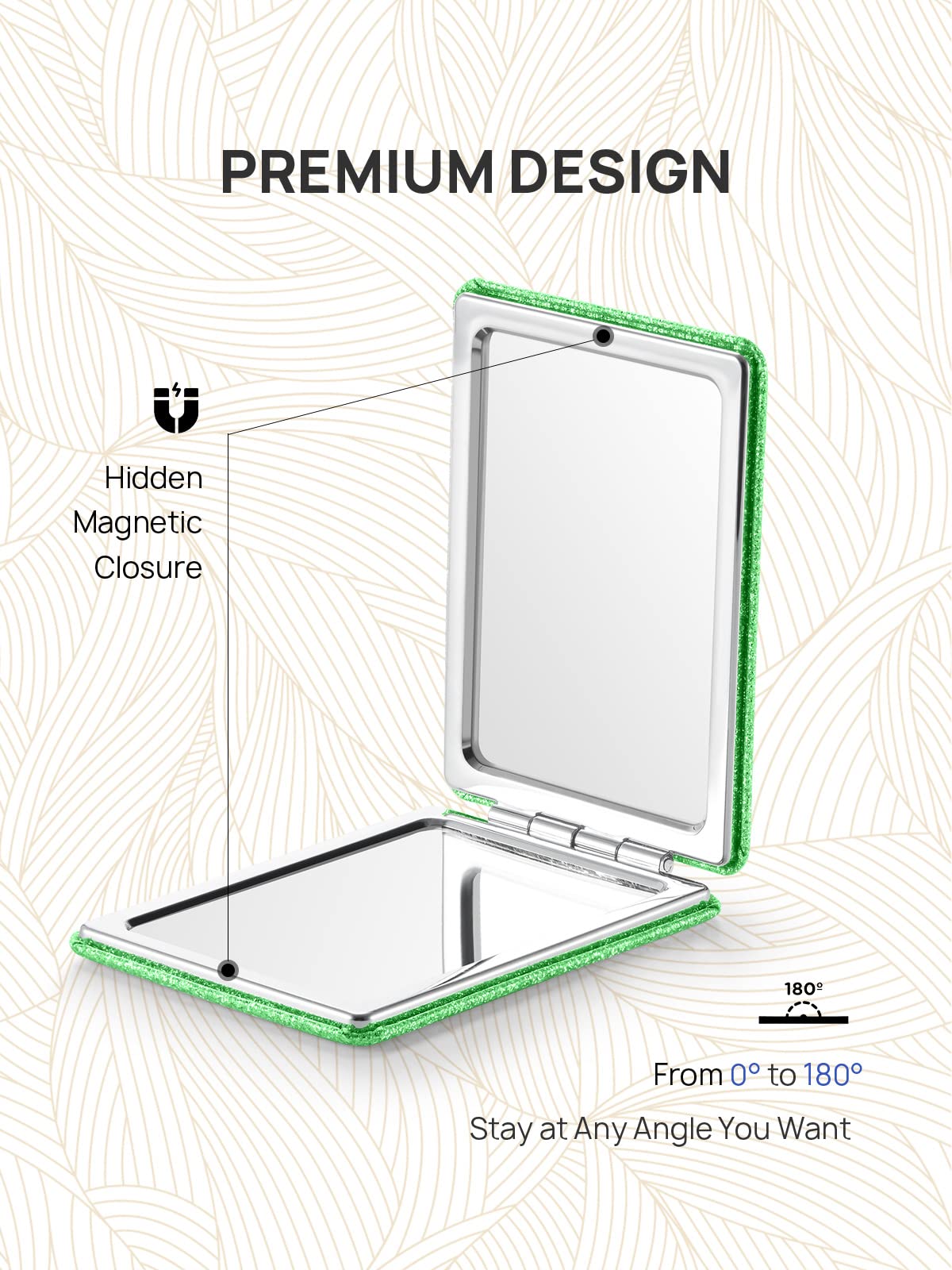 Omiro Compact Mirror, Glitter Pu Leather 1X/3X Magnification, Ultra Portable For Purses, 2.4'' W X 3.4'' L (Green)