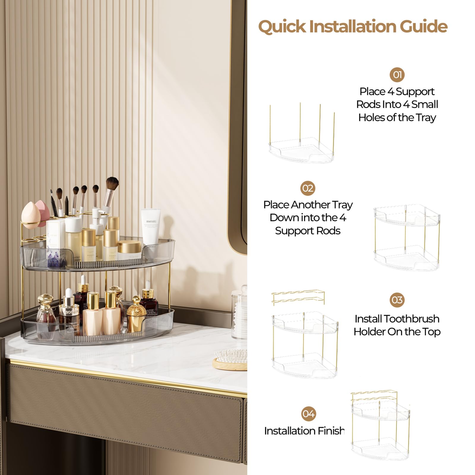FELIZHOUSE 2-Tier Makeup Organizer for Vanity & Bathroom Countertop - Acrylic Storage Shelf with Perfume Tray & Makeup Brush Hol