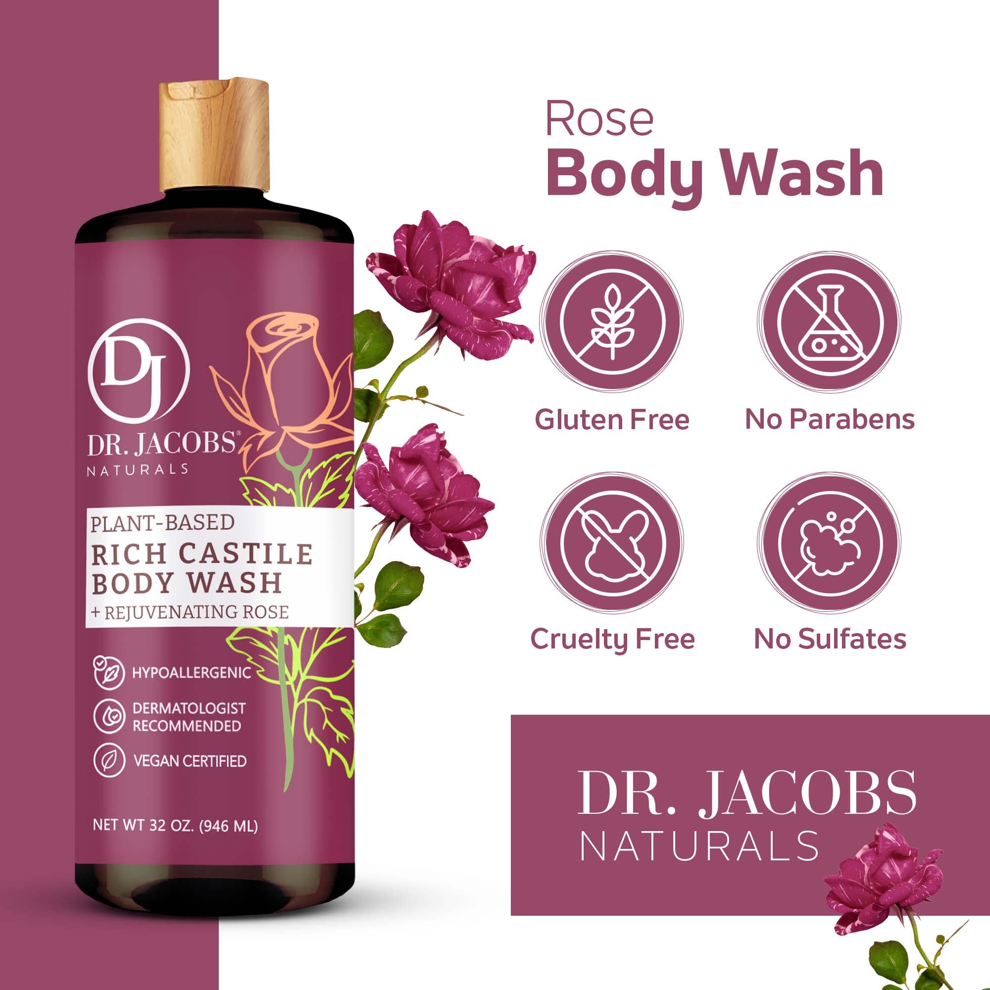 Dr Jacobs Naturals Pure Castile Liquid Soap Gel - Calming (Rose, 32 Oz 3-Pack) Made With Premium Organic Oils - Vegan, No Palm O