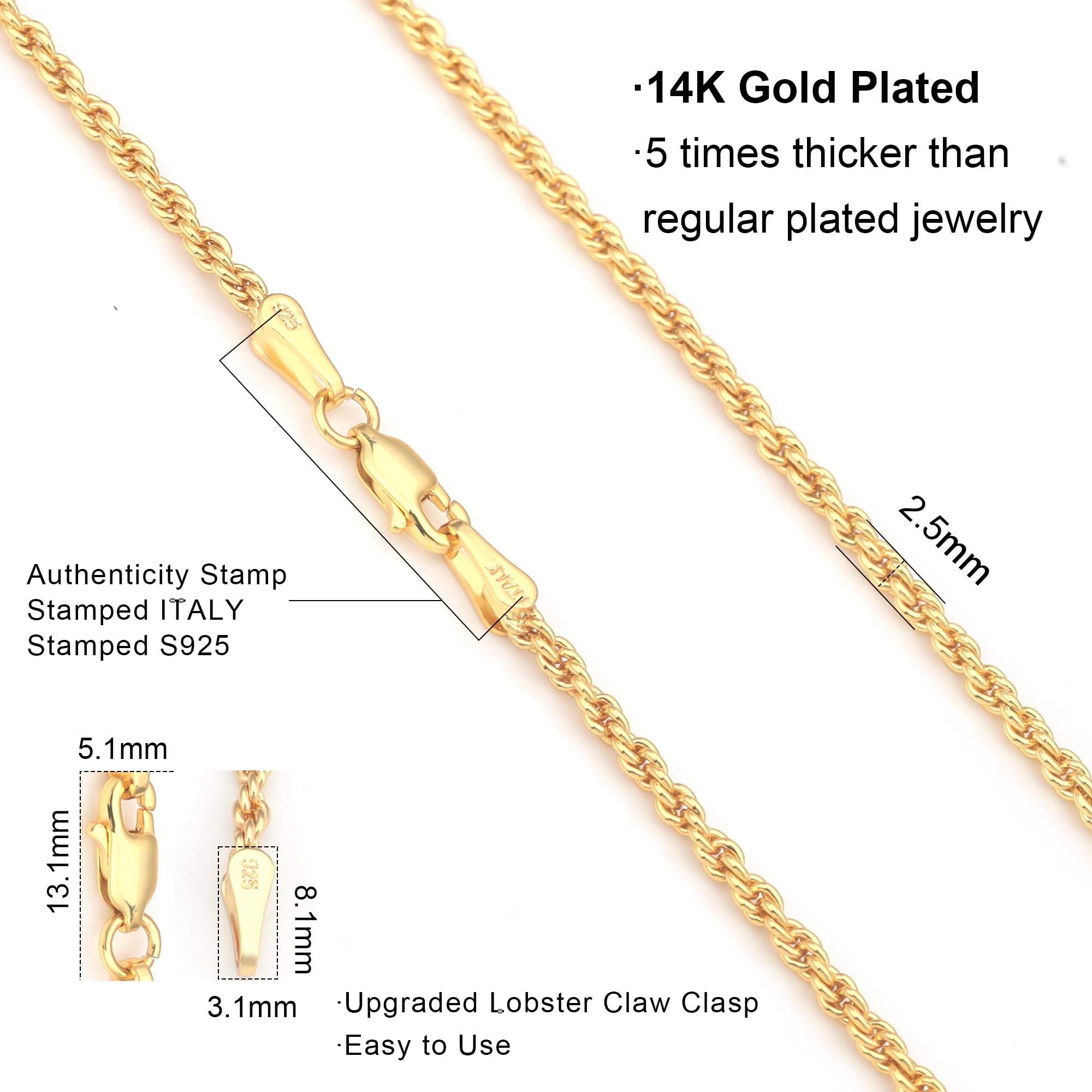 Waitsoul 925 Sterling Silver Rope Chain Lobster Clasp 2.5mm 18k Gold Chain Necklace for Men Women Necklace Chain 20 Inch