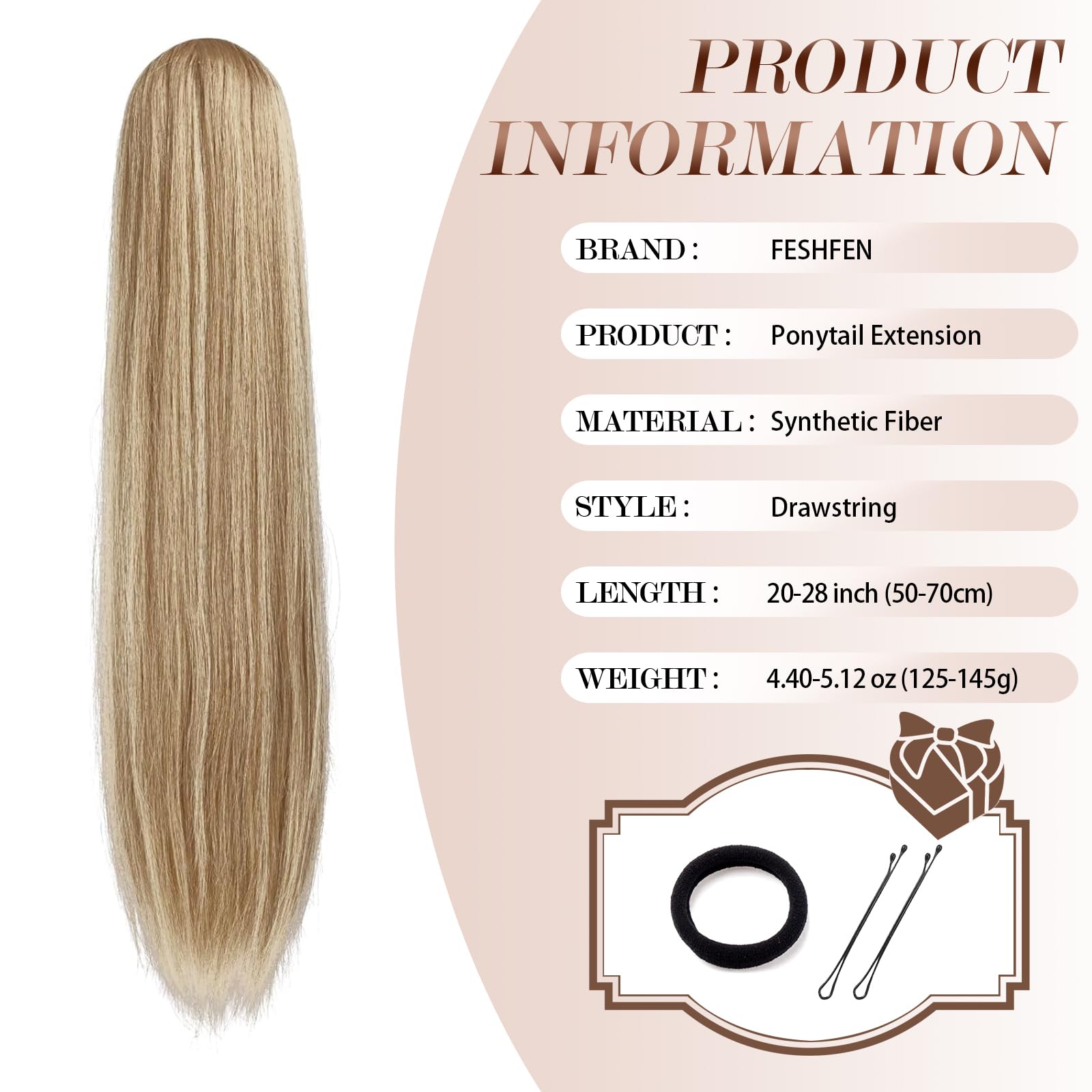 Feshfen Straight Ponytail Extensions Long Drawstring Pony Tails Natural Synthetic Hair Piece Clip In Ponytails Hairpieces For Wo