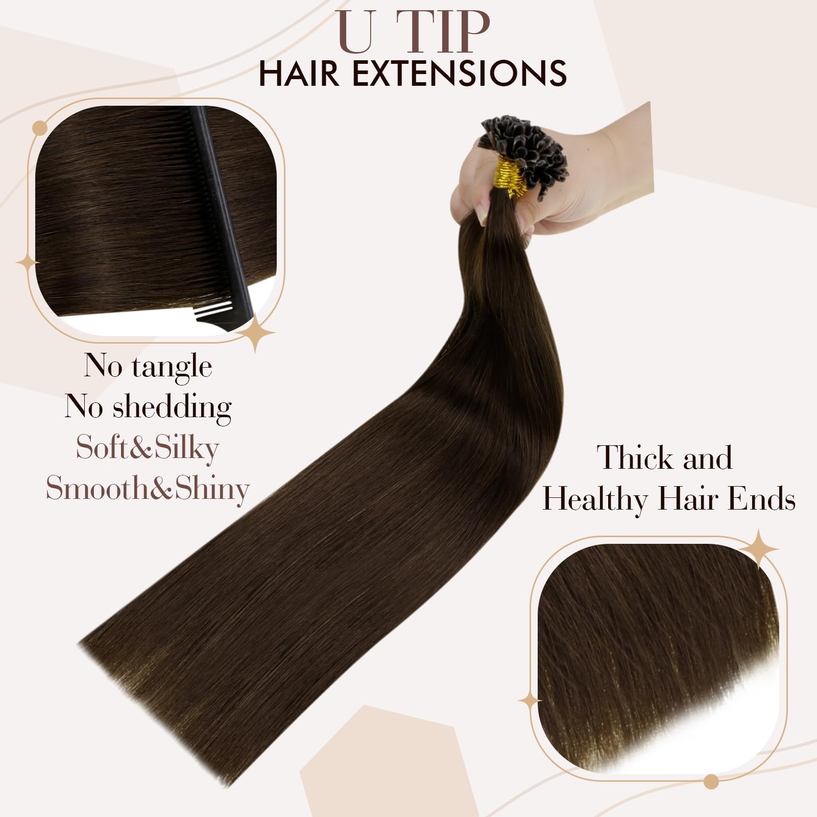 Hetto Ktip Human Hair Extensions #4 Brown U Tip Hair Extensions Human Hair Pre Bonded Keratin Hair Extensions Utips Invisible 14