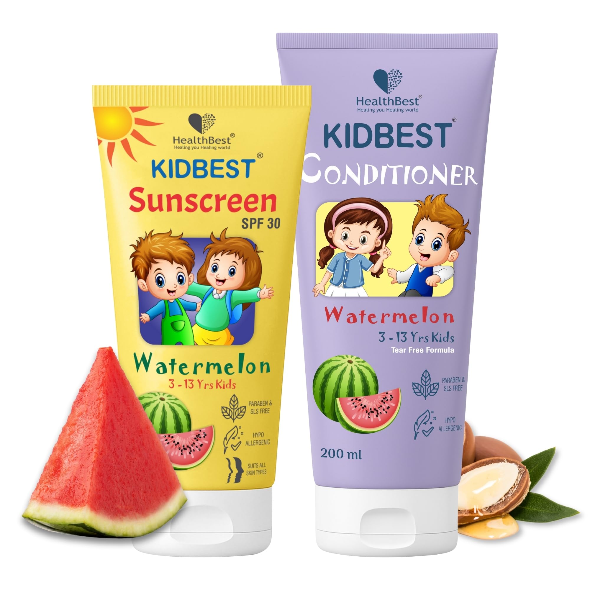 Healthbest Kids Sunscreen Spf 30 Pa+++ 100Ml & Hair Conditioner 200Ml Combo For Toddlers & Children | Uva/Uvb Sun Protection + T