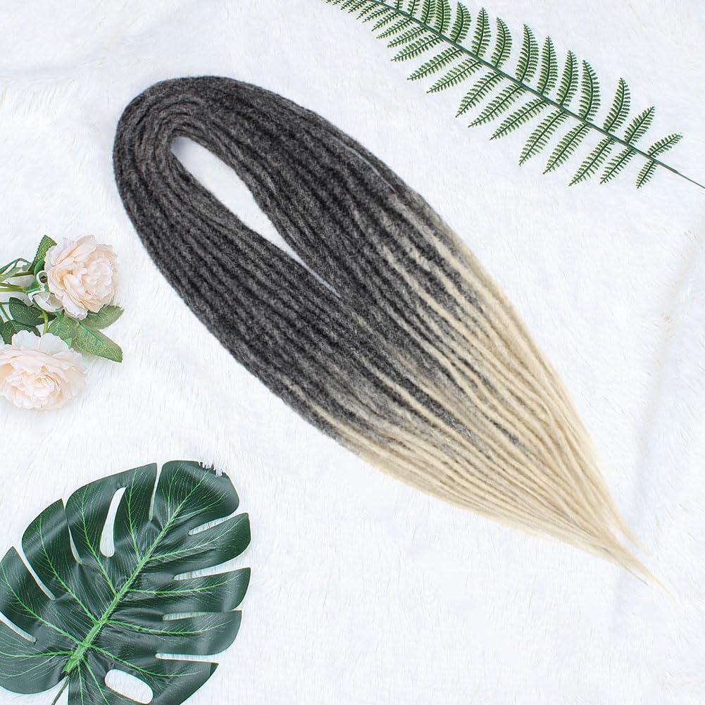 24 Inch Double Ended Dreadlock Extensions, 20 Strands Gray to Blonde Synthetic DE Dreads Extensions, Thin 0.6cm Width Reggae Hip