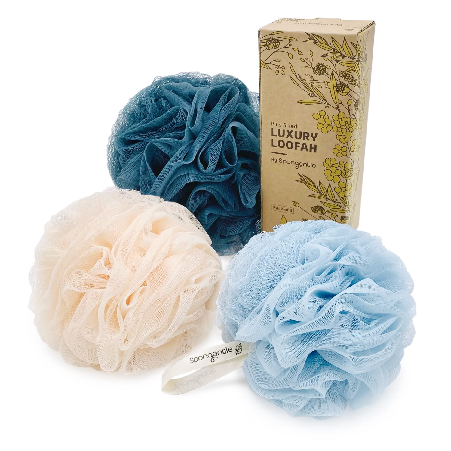 Spongentle Dual Texture Deep Cleansing Loofah Sponge For Radiant Skin, Pack Of 3, Bath And Shower, Exfoliating Body Scrubber, Be
