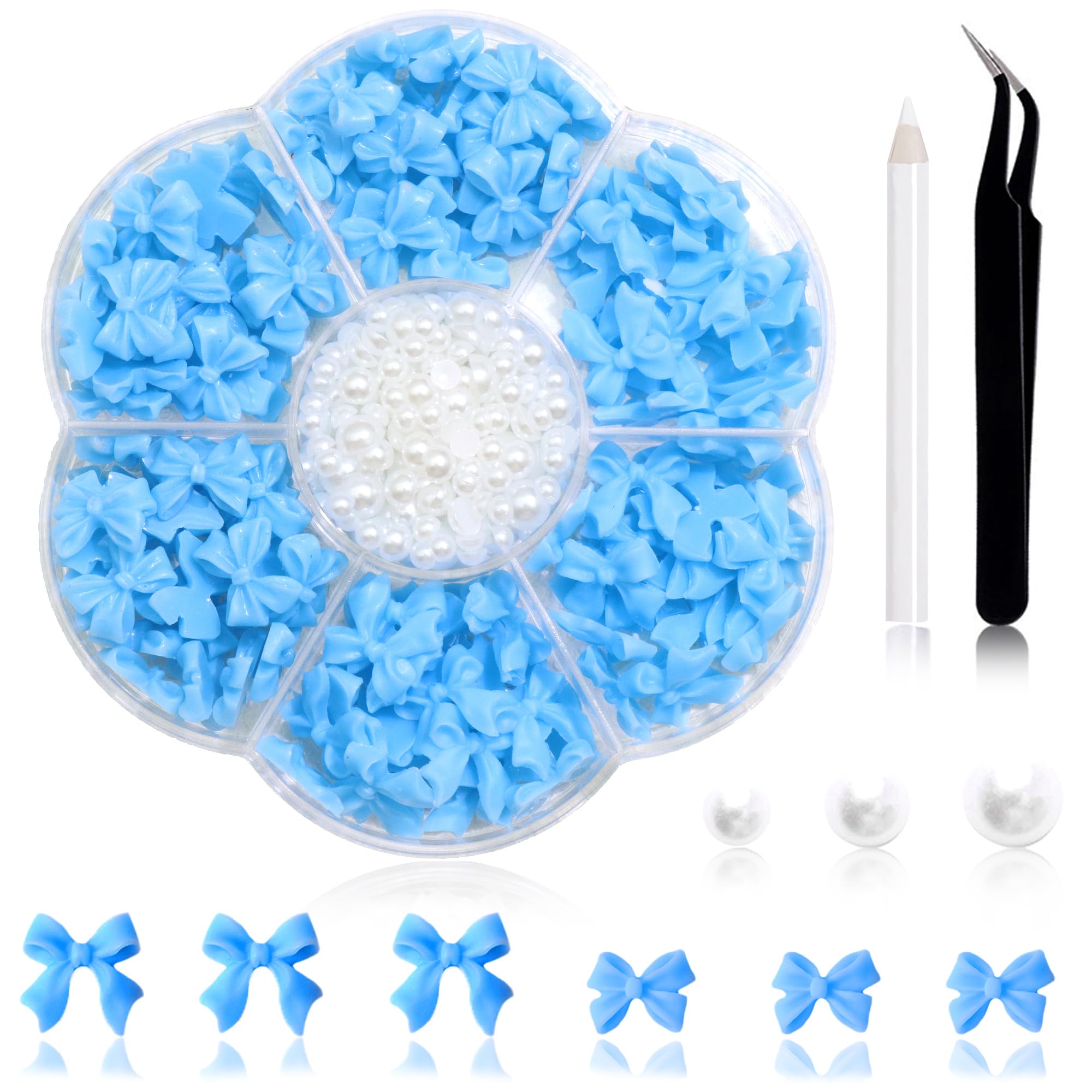 300Pcs Bow Nail Charms and Flatback Pearls,Blue Bowknot 3D Cute Nail Charms for Acrylic Nail Supplies Design,3-5mm White Half Pe