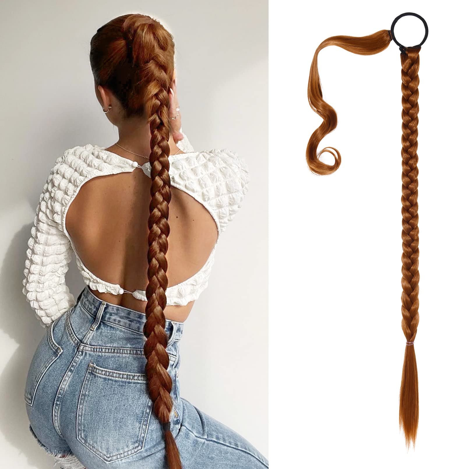 SEIKEA Upgraded Long Braid Ponytail Extension with Elastic Tie Straight Sleek Wrap Around Braid Hair Extensions Ponytail Copper 