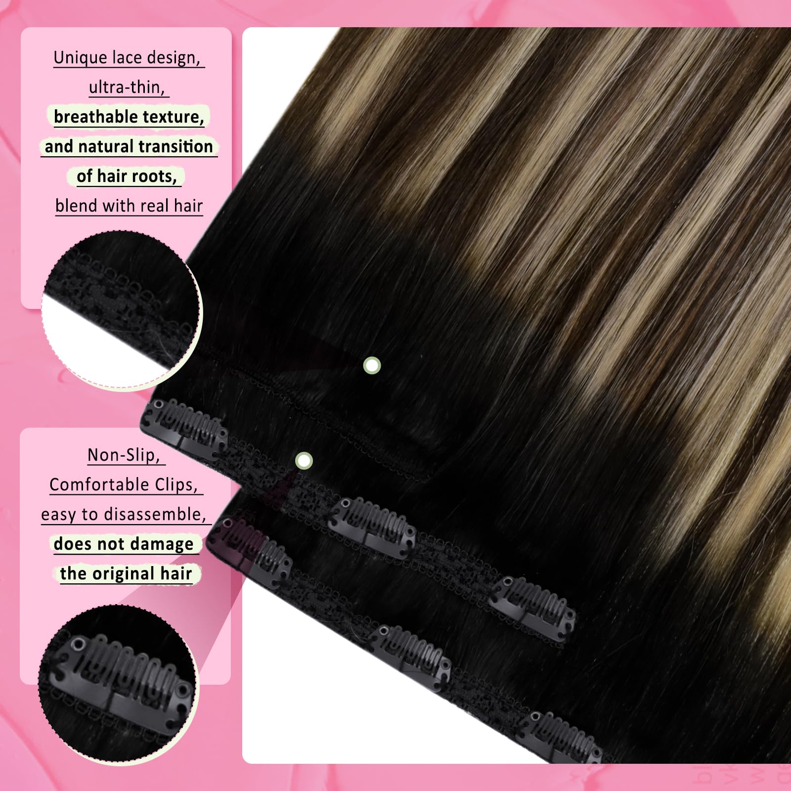 YoungSee Clip in Hair Extensions Real Human Hair Ombre Clip in Extensions Black to Blonde with Brown Balayage Clip in Hair Exten