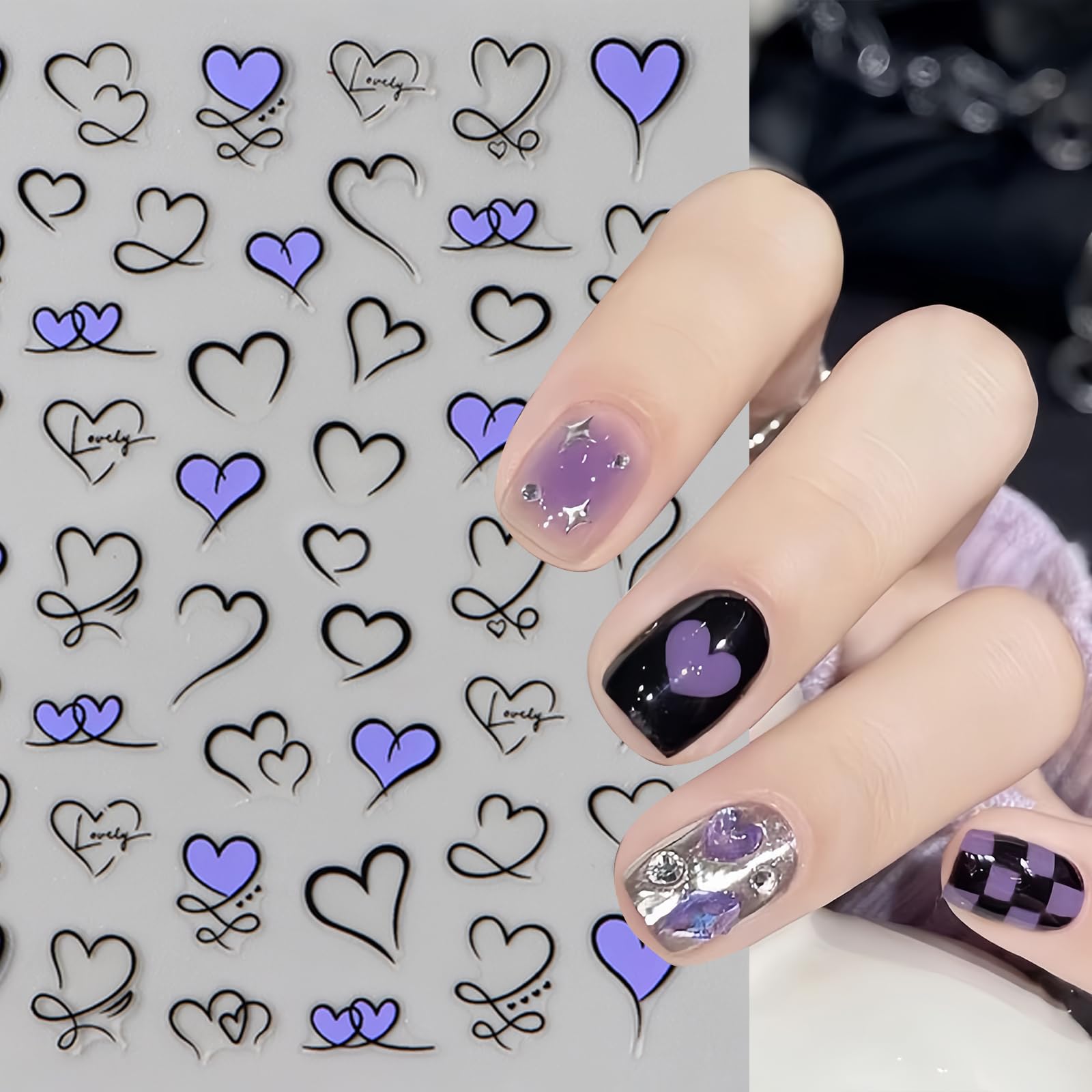 6 Sheets Heart Nail Art Stickers Love Hearts Nail Decals 3D Self Adhesive Pink Purple Red Heart Nail Design Stickers Valentine'S