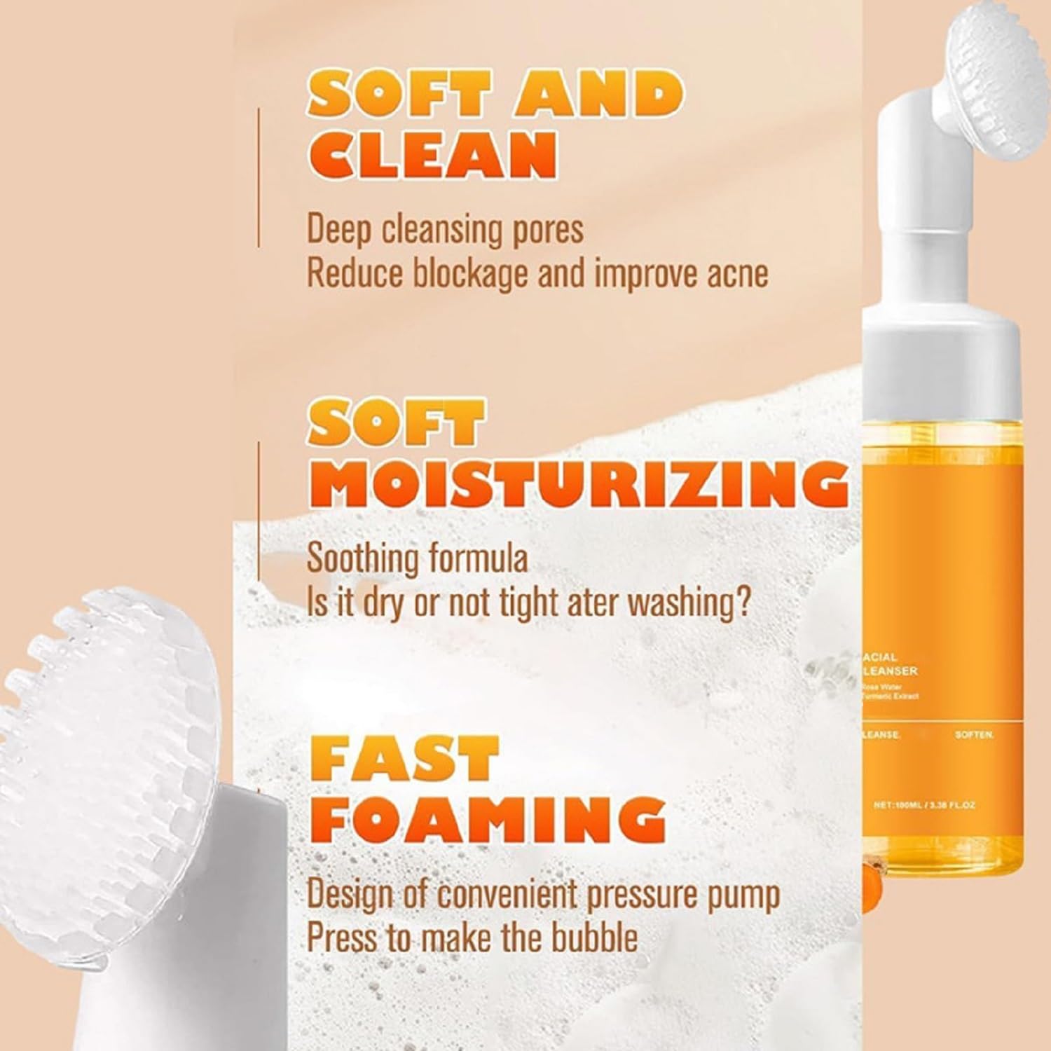 OUKPANE 2 Pcs Turmeric Foaming Face Wash, turmeric Cleansing Mousse, Deep Cleansing Glow Wash Turmeric Facial Cleanser With Brus