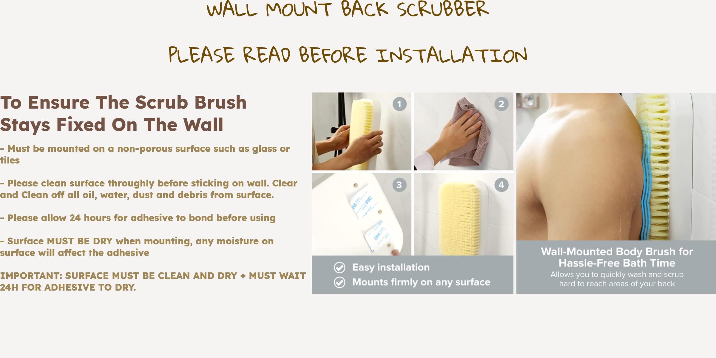 Wall Mounted Back Scrubber For Shower - Large Exfoliating Brush For Shower - Bathing Scrub Brush - Hands-Free Back Brush & Body