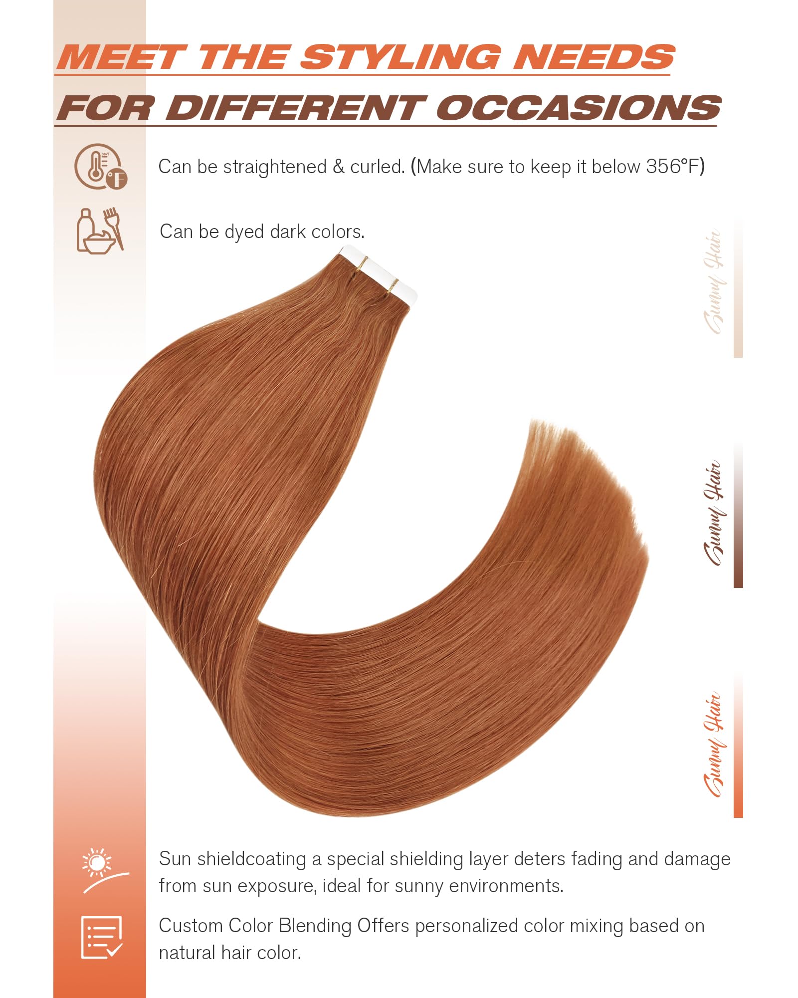 Sunny Hair Tape in Hair Extensions Real Human Hair Invisible Remy Hair Extensions Tape ins for Women Copper Red 18 inch 20Pcs 50
