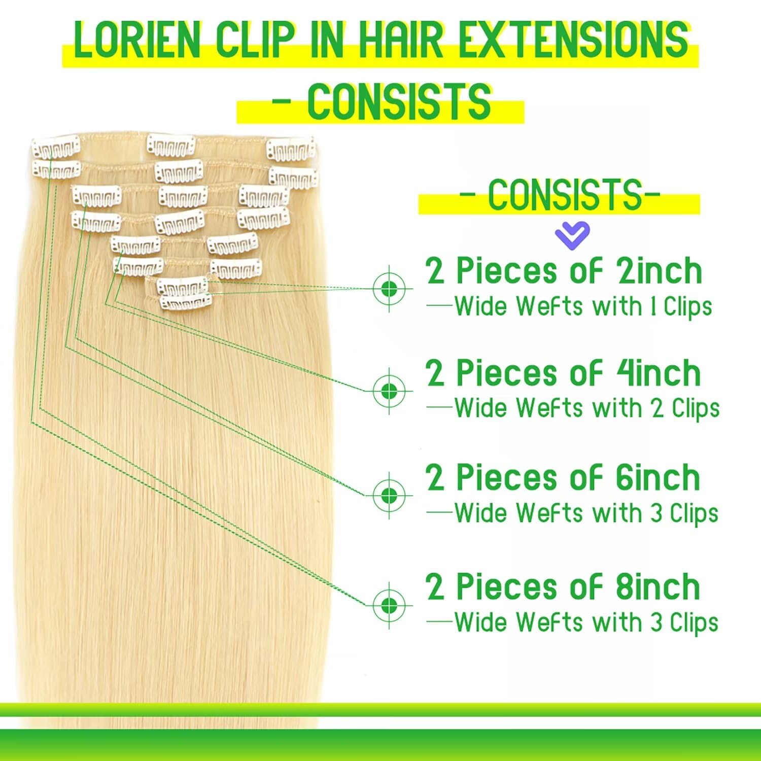 Lorien Clip In Hair Extensions Real Human Hair, 20 Inch 105G, 613 Bleach Blonde, Clip In 100% Brazilian Remy Human Hair Extensio