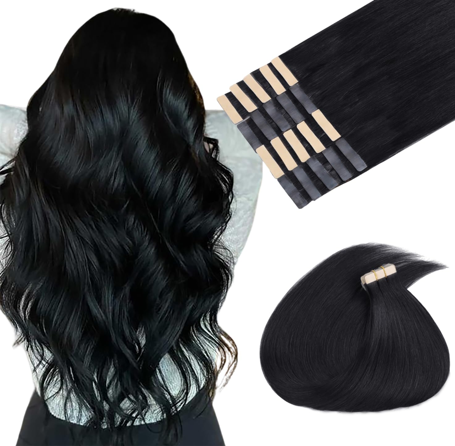 Maxita Tape In Hair Extensions Human Hair Jet Black 14 Inch 50G 20Pcs Remy Human Hair Extensions Straight Seamless Real Hair Ext