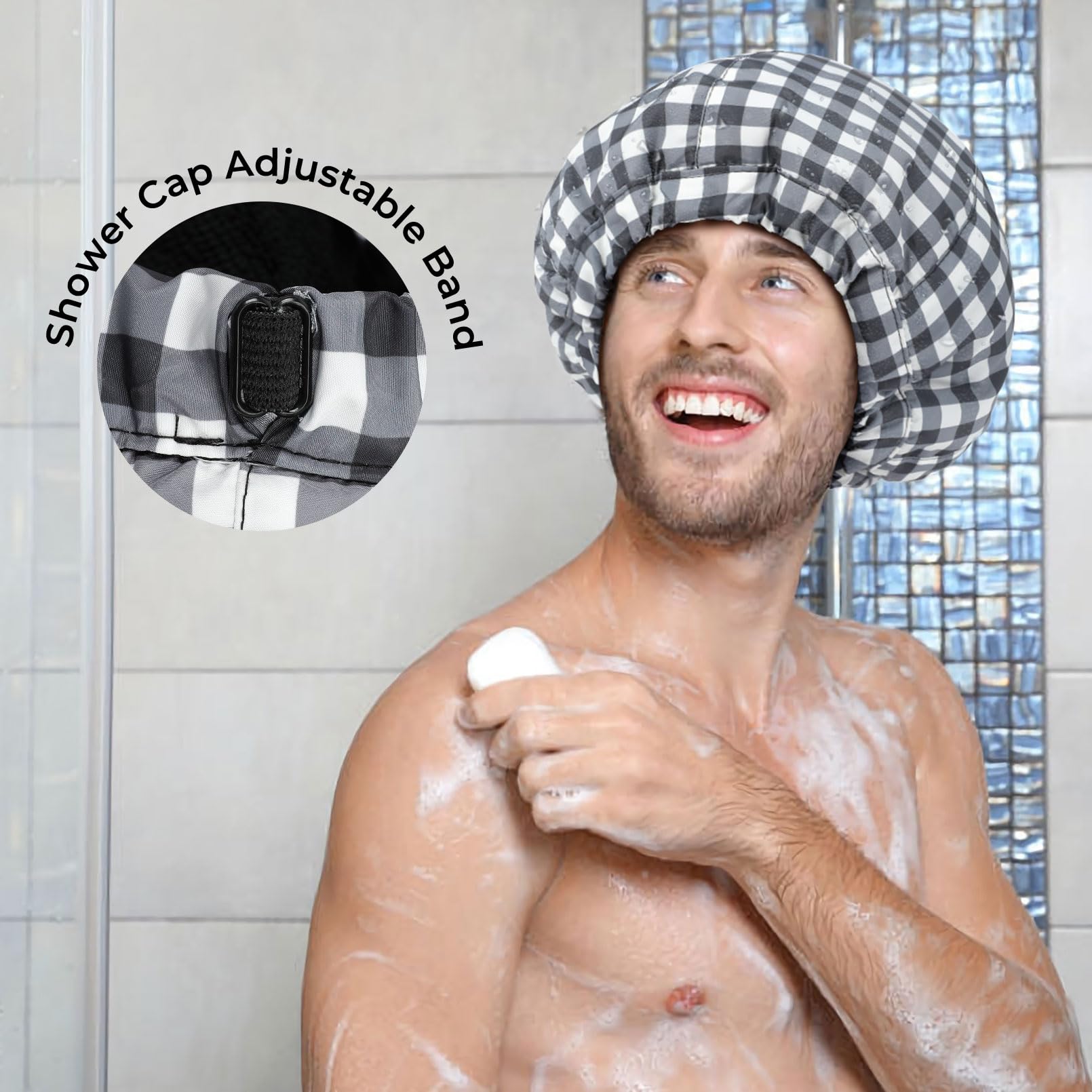 Shower Cap For Men Black White Plaid Bath Cap, Reversible Large Waterproof Adjustable Shower Caps Terry Lining & Elastic Band St