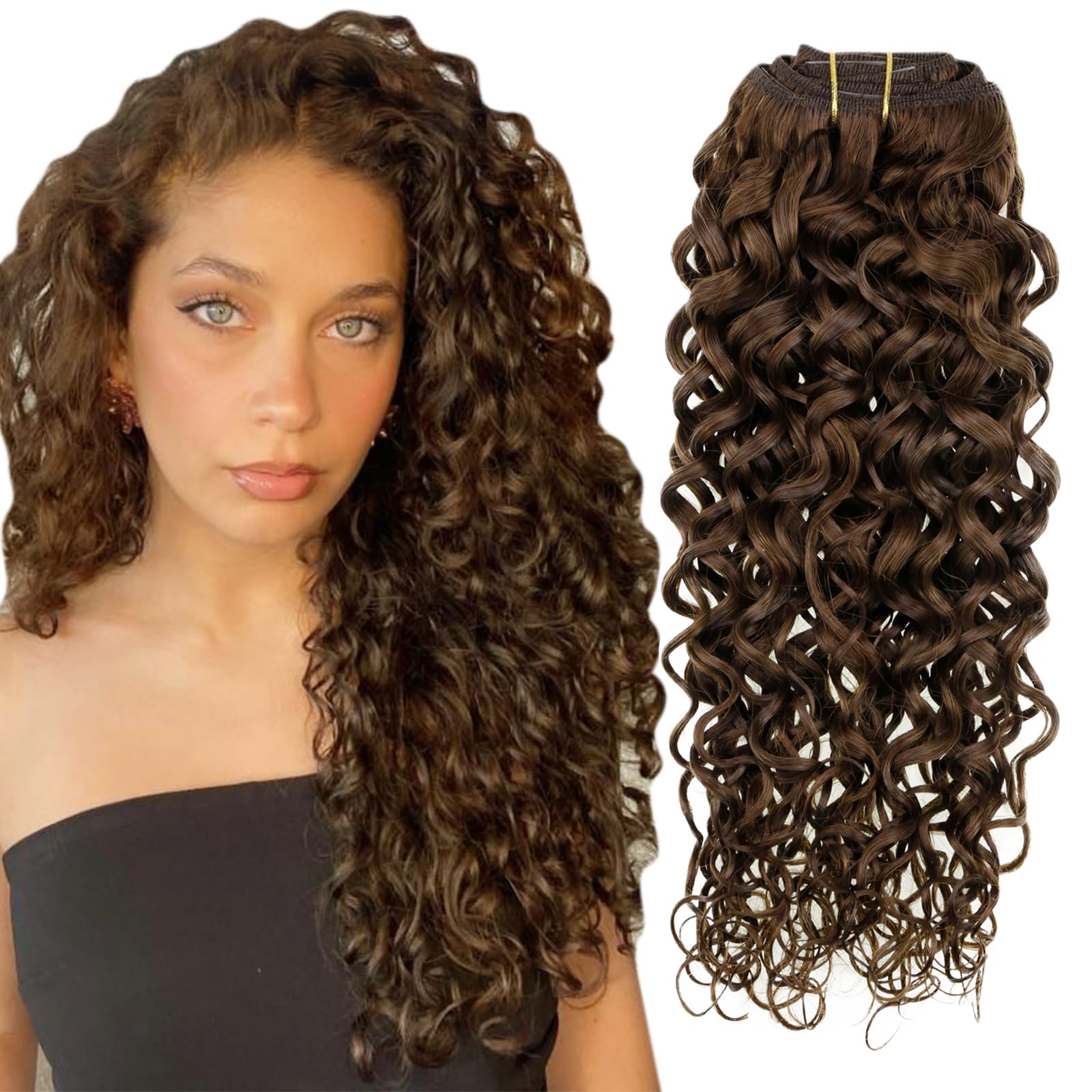 Hetto Curly Clip in Hair Extensions Human Hair Natural Brown Clip in Curly Hair Extensions Wavy Hair #4 Dark Brown Clip on Real 
