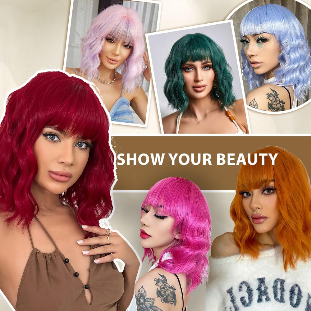 Losmoeer Dark Green Wig With Bangs Short Wavy Wigs For Women Shoulder Length Curly Bob Wigs Heat Resistant Synthetic Wigs For Ha