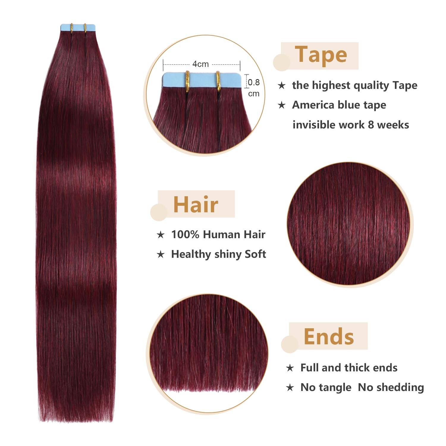Yilite 99J Tape In Hair Extensions Human Hair 22Inch 50G 20Pcs Red Tape In Hair Extensions Remy Human Hair,Seamless Skin Weft 99
