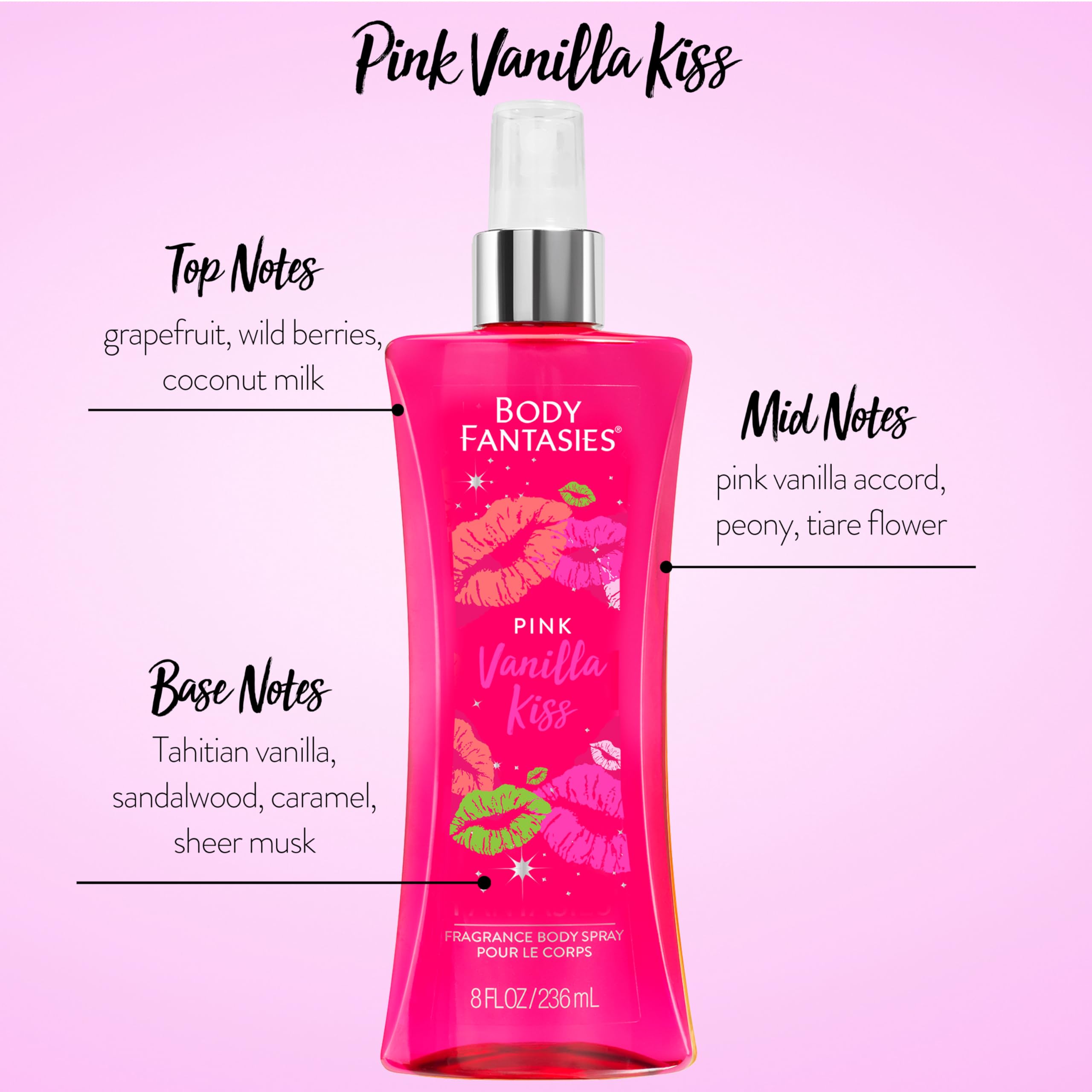 Body Fantasies Pink Vanilla Kiss 8 Oz Fragrance Body Spray