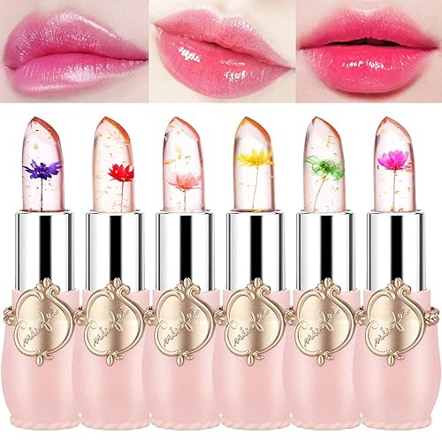 firstfly Crystal Flower Jelly Lipstick Pack of 6, Long Lasting Moisturizer, Color Change, 0.72 oz, Pink