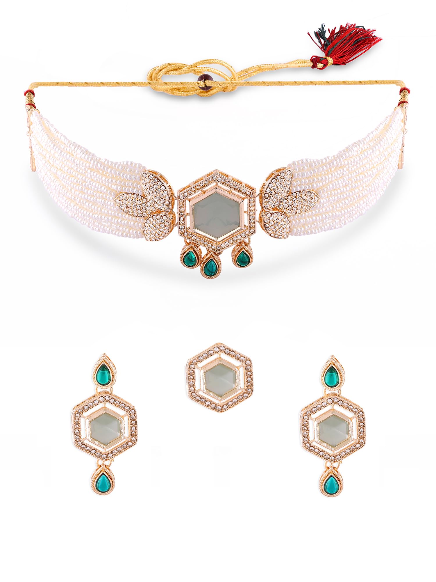 Zaveri Pearls Green Stones Multistrand Beaded Austrian Diamonds Choker Necklace Earring & Ring Set For WomenZpfk17797