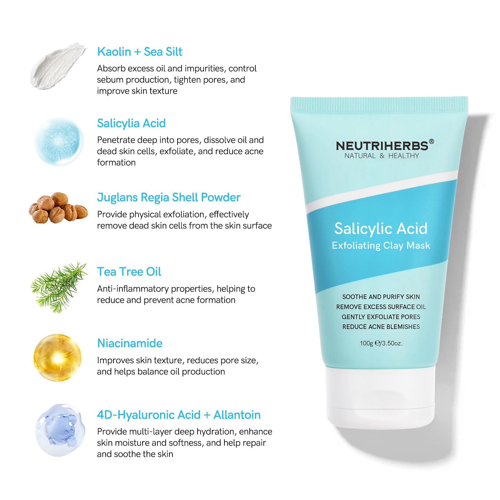 Neutriherbs Salicylic Acid Clay Mask, Hyaluronic Acid Clay Mud Mask, Purify Skin, Remove Dead Skin And Unclogged Pores, Face Mas