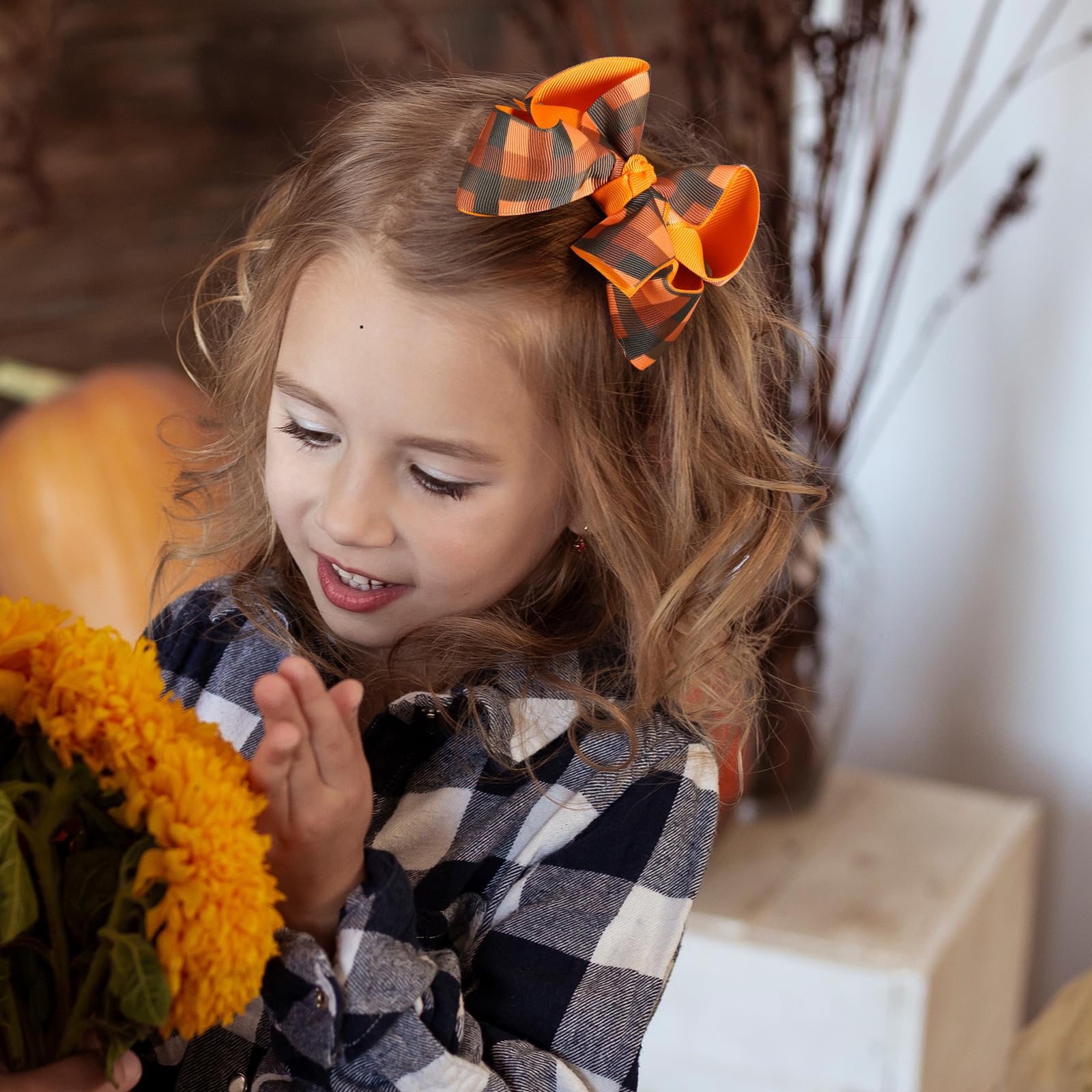 Fall Checkered Plaid Ribbon Hair Bows Clip 4.3'' For Teen Toddler Girls Happy Fall Give Thanks Day Cheer Barrette Alligator Hair