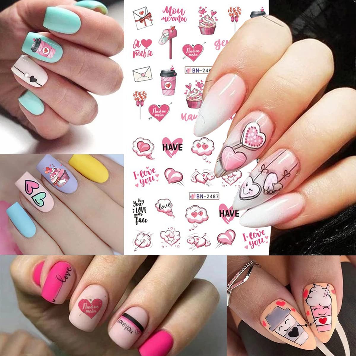 24Pcs Valentine 'S Day Nail Art Stickers - Heart Nail Water Decals Transfer Foils Valentine 'S Series Sticker For Nails Red Love