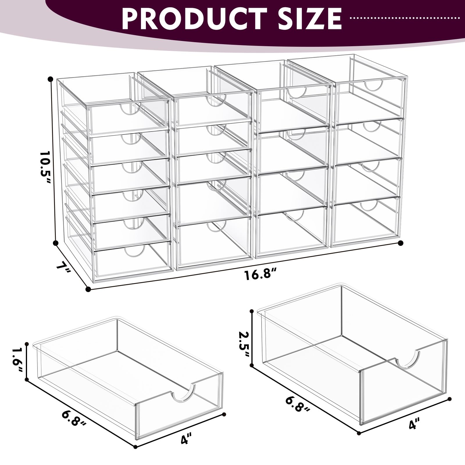 Yfxcvsl Acrylic Makeup Organizer With 19 Drawers, 4 Pack Clear Storage Drawers, Bathroom Makeup Organizer For Palettes, Cosmetic