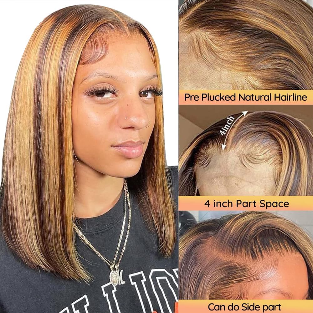 Superfect Highlight Lace Front Bob Wig Human Hair 14 Inch Ombre Honey Blonde 13X4 Hd Lace Front Wigs Human Hair Pre Plucked Midd