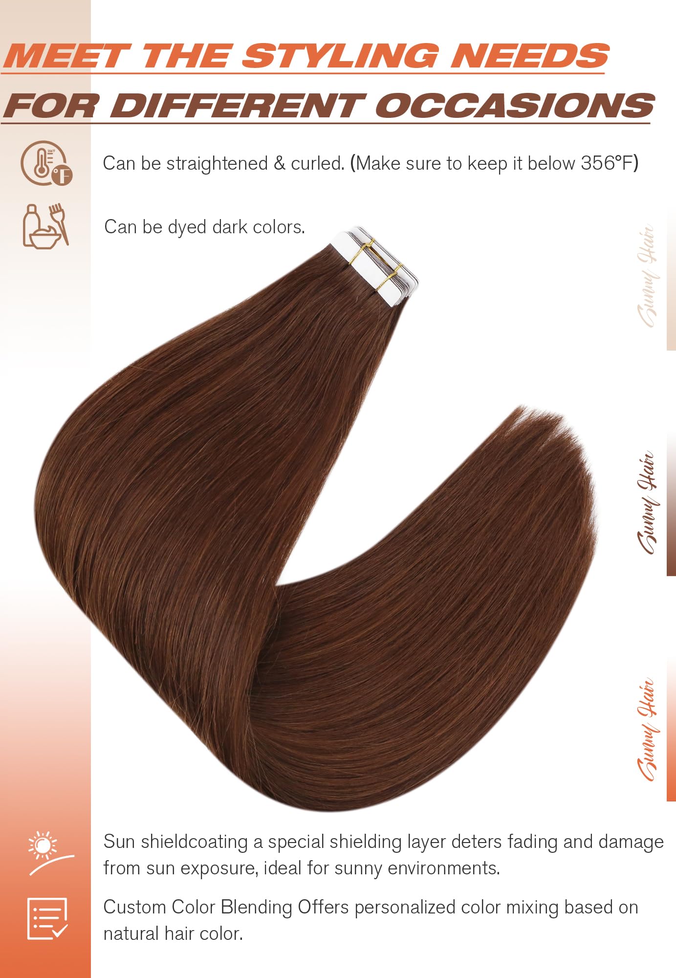 Sunny Hair Tape in Hair Extensions Real Human Hair Invisible Remy Hair Extensions Tape ins for Women Auburn Brown 20 inch 20Pcs