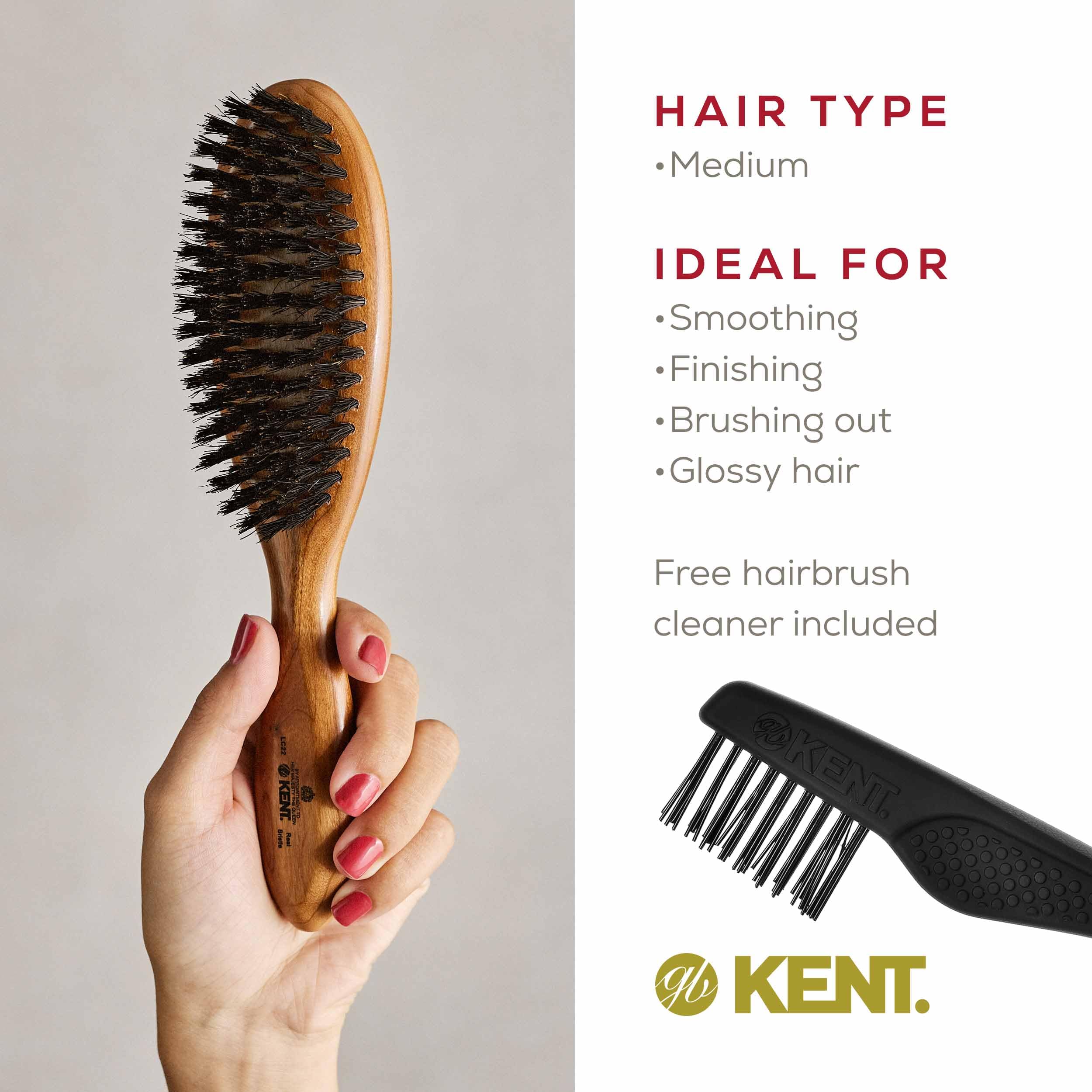 Kent LC22 Finest Hair Brushes for Women Detangler Dry Brush Made of Cherrywood - Boar Bristle Oval Hairbrush for Medium to Thick