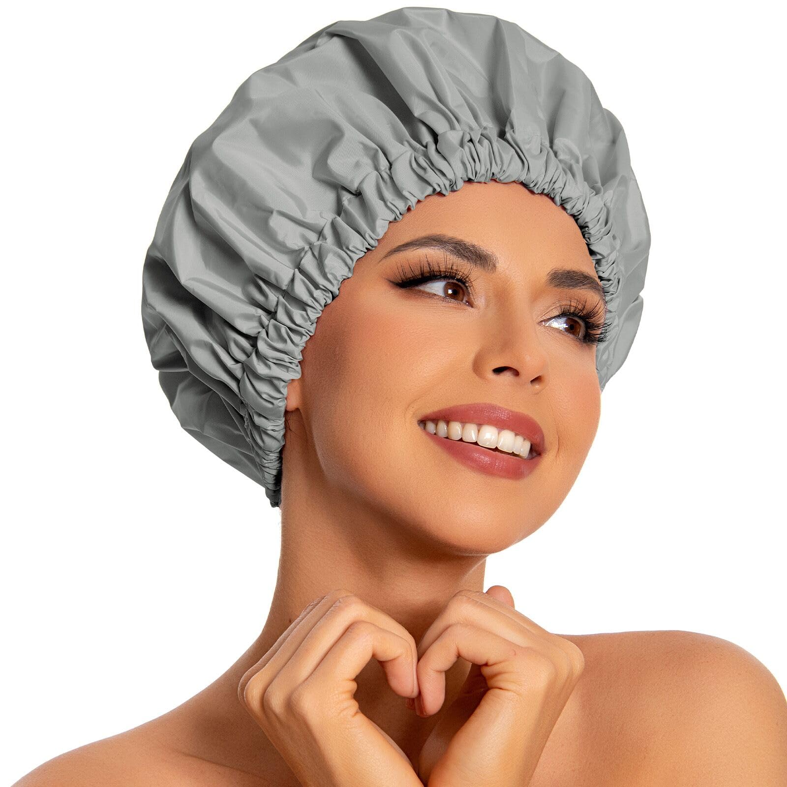 Reusable Shower Cap For Women, Large Waterproof Shower Bonnet Washable Elastic Band Bath Hair Hat For Long Hair, Braids(Dark Gre