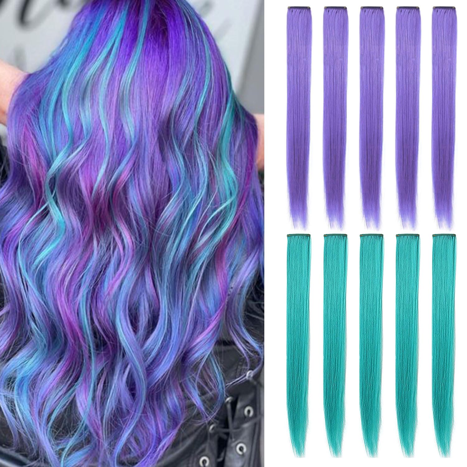 Lavender Pueple&Teal Colorful Hairpieces for Girls Multicolor Highlight Straight Clip in Colored Hair Extensions for Teens Adult