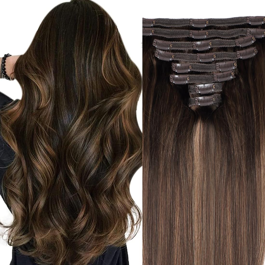 Pobokix Straight Clip In Hair Extensions Real Human Hair 8Pcs Clip In Balayage Dark Brown to Chestnut Brown Human Hair Extension