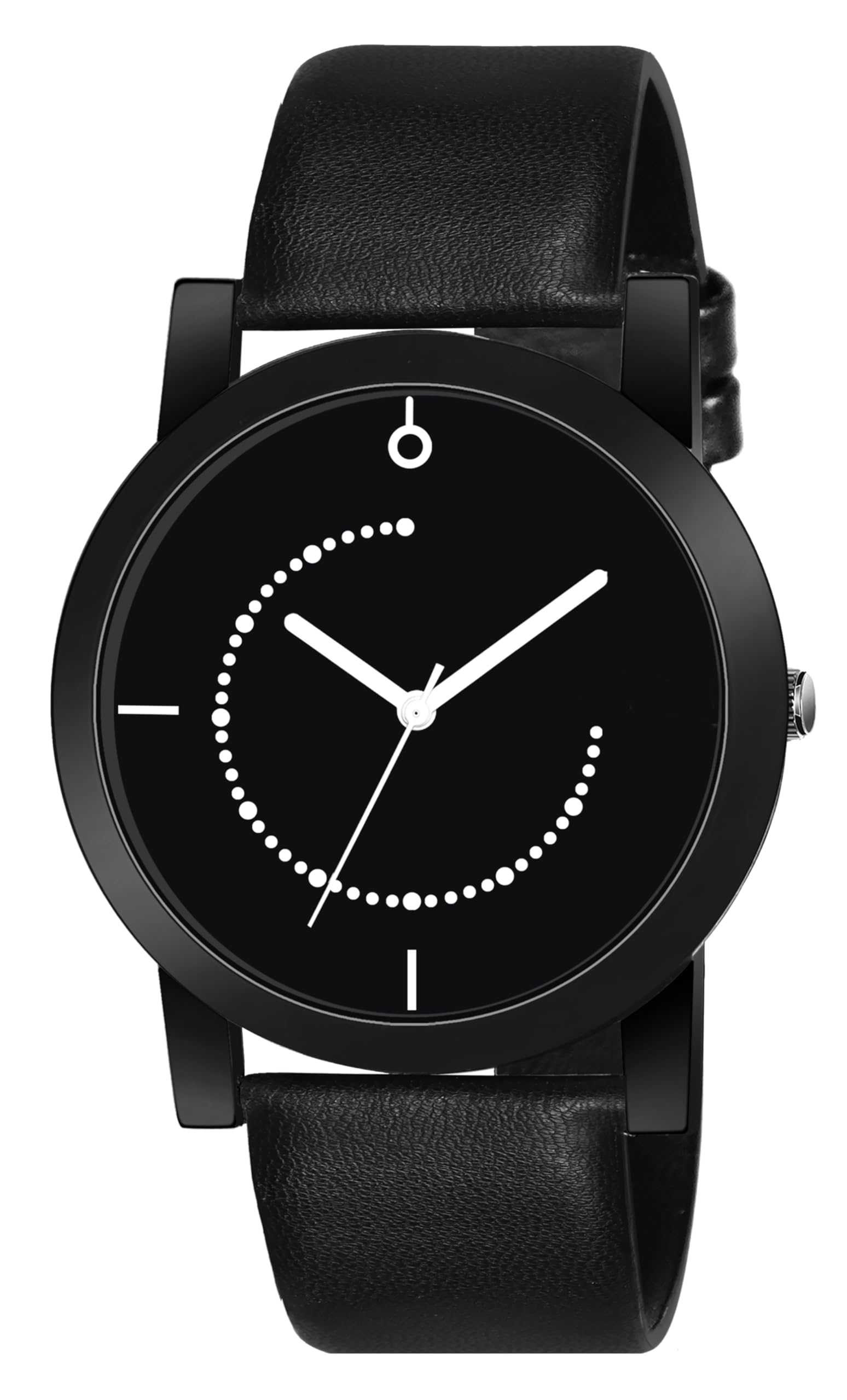 Wrist Watch For Men Minimalist Black Dial Analogue With Black Leather Strap, Dotted Pattern Dial