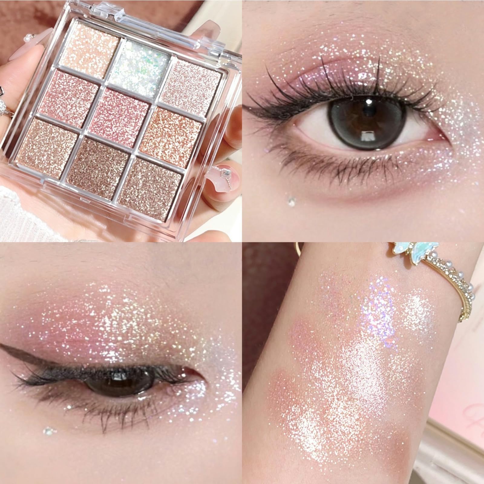 9 Colors Glitter Shimmer Eyeshadow Makeup Palette, Korean Natural Eye Shadow Palettes Highly Pigmented Long Lasting Waterproof B