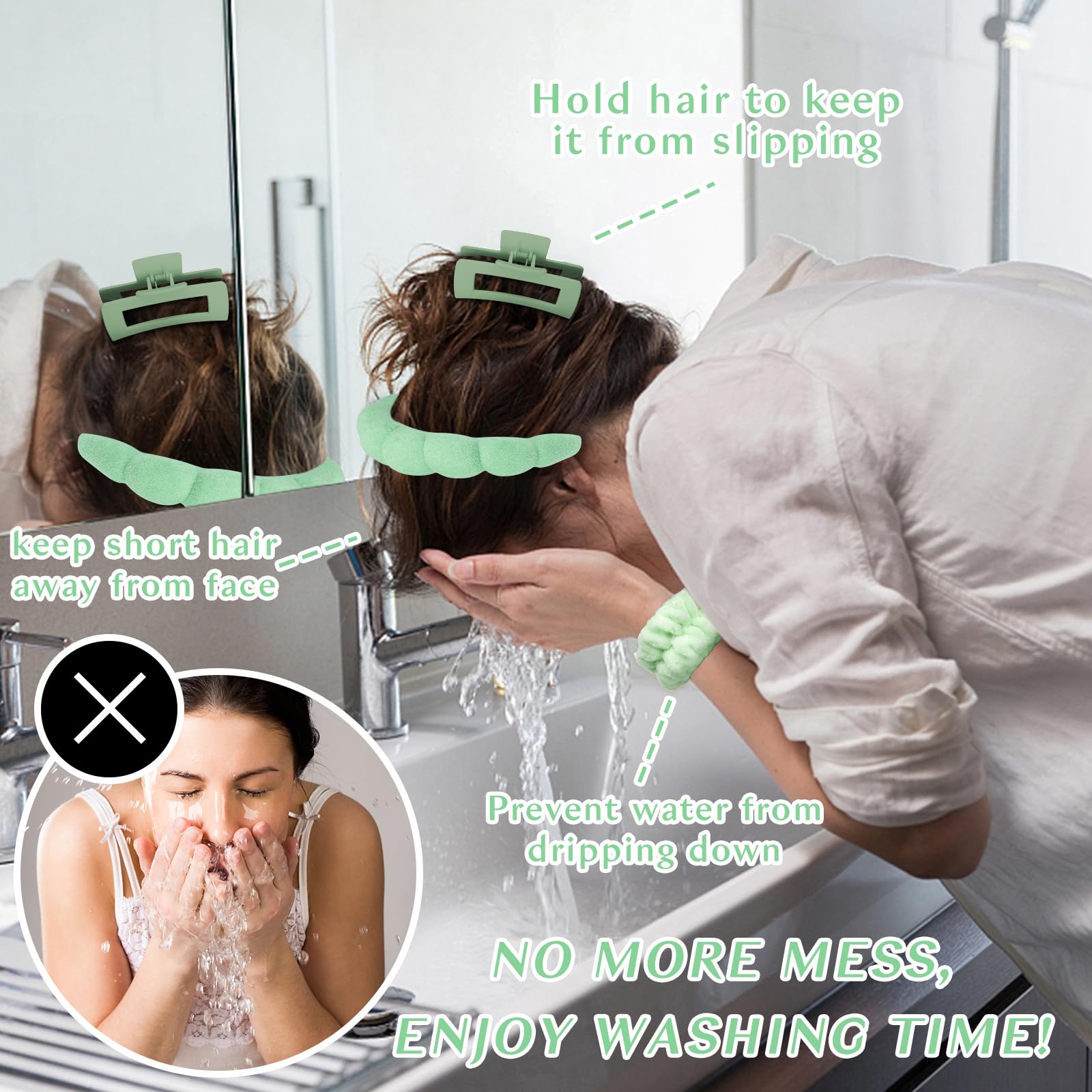 Wecoe Spa Headband And Wristband Set Skincare Headband For Washing Face Hair Claw Clips For Thick Hair Cute Green Puffy Sponge M