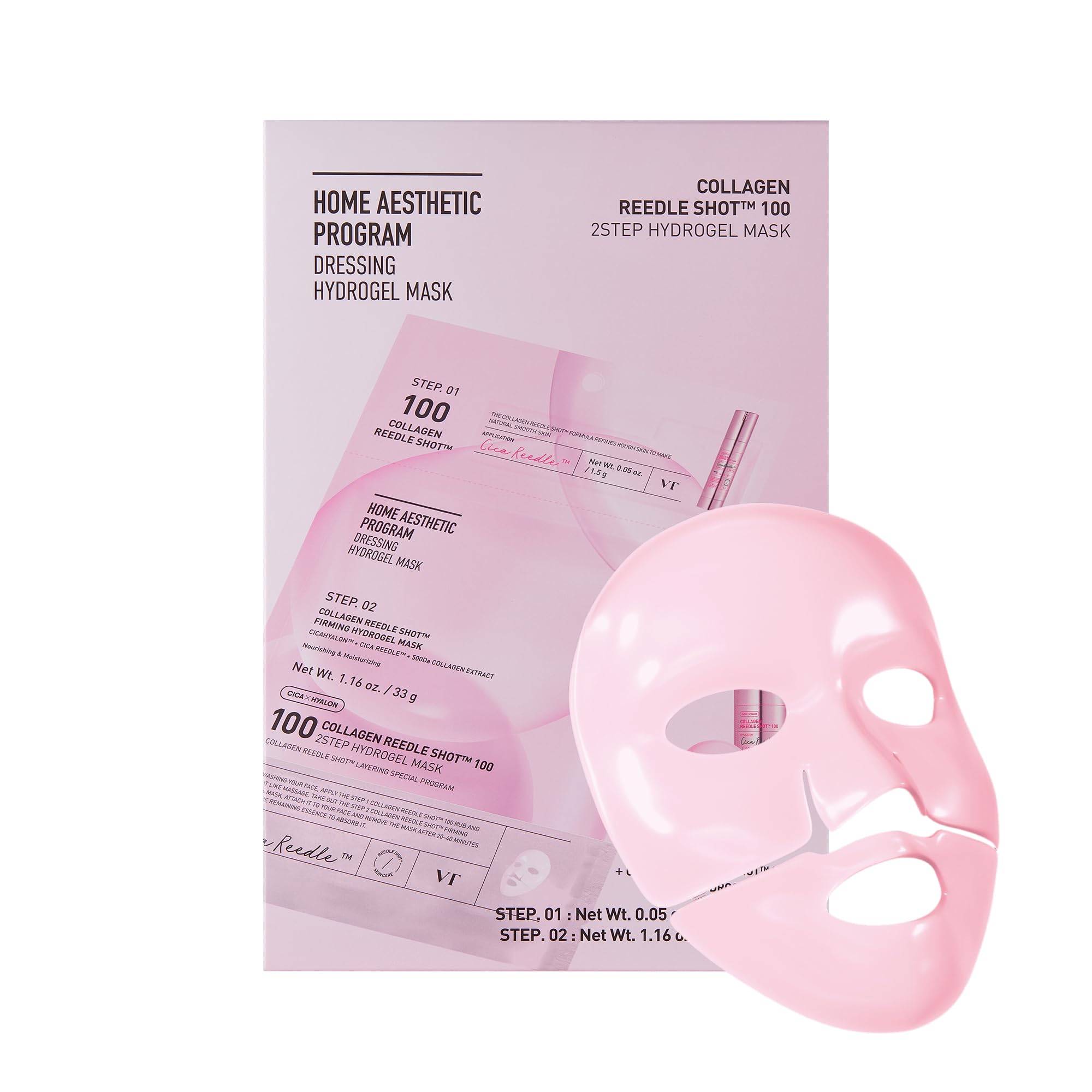 Vt Cosmetics Collagen Reedle Shot 100 2-Step Hydrogel Mask(34.5Gx4Ea), Intensive Firming, Exosome 500Da Collagen Face Mask, Skin