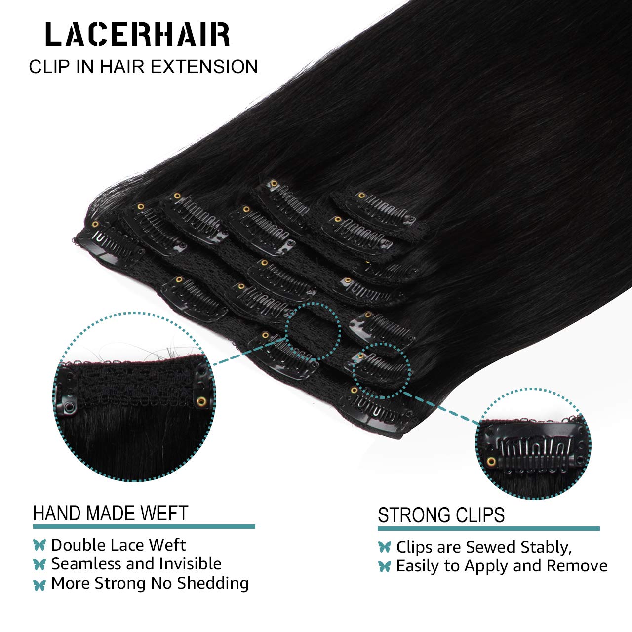 Lacer 22 Inch Full Head Silky Straight 100% Human Hair Clip in Extensions in Jet Black #1 7Pieces 140g Double Weft Extensions La