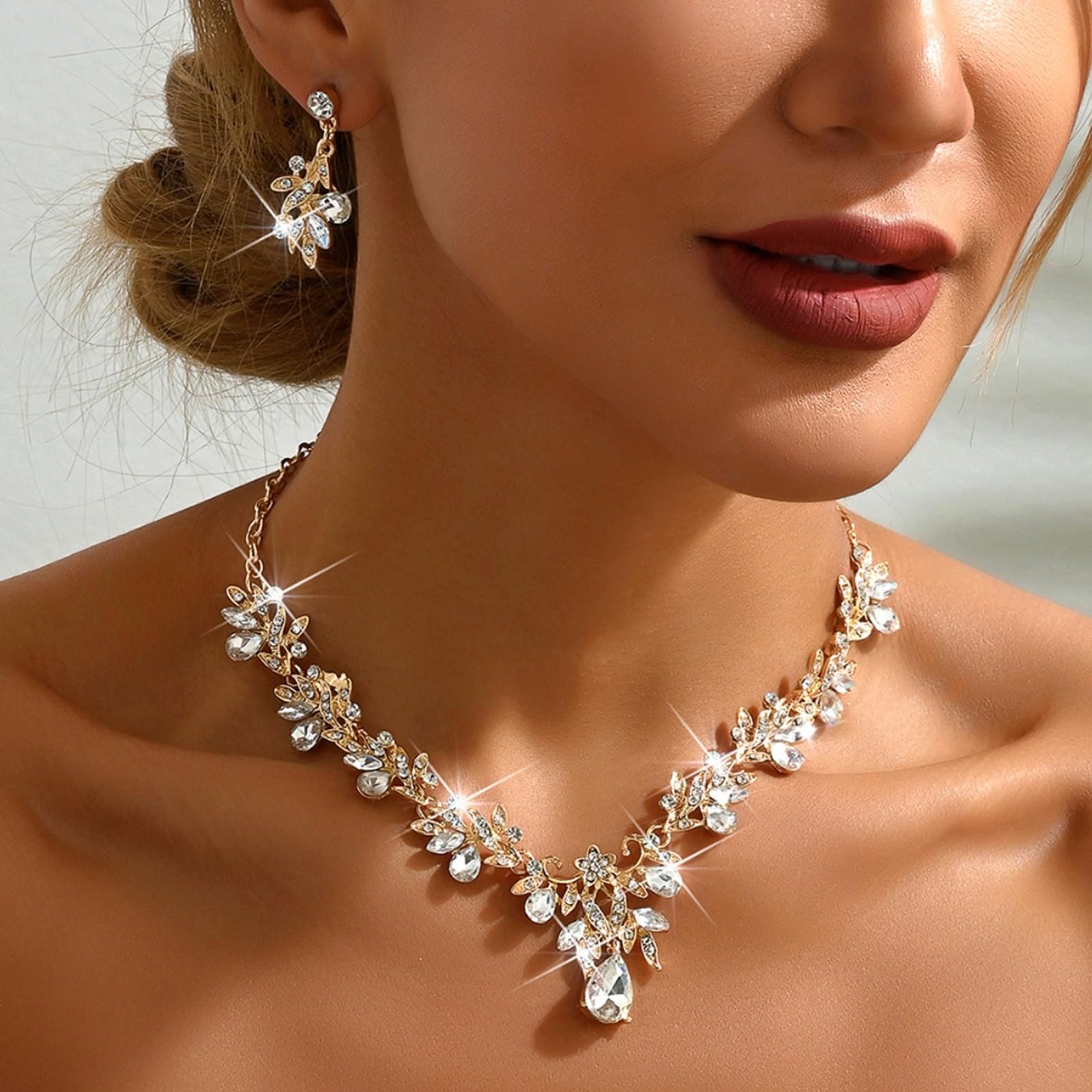 HUASAI Gold Wedding Jewelry Sets for Brides Rhinestone Necklace Earrings Bracelet Set Bridal Costume Jewelry for Women Formal We