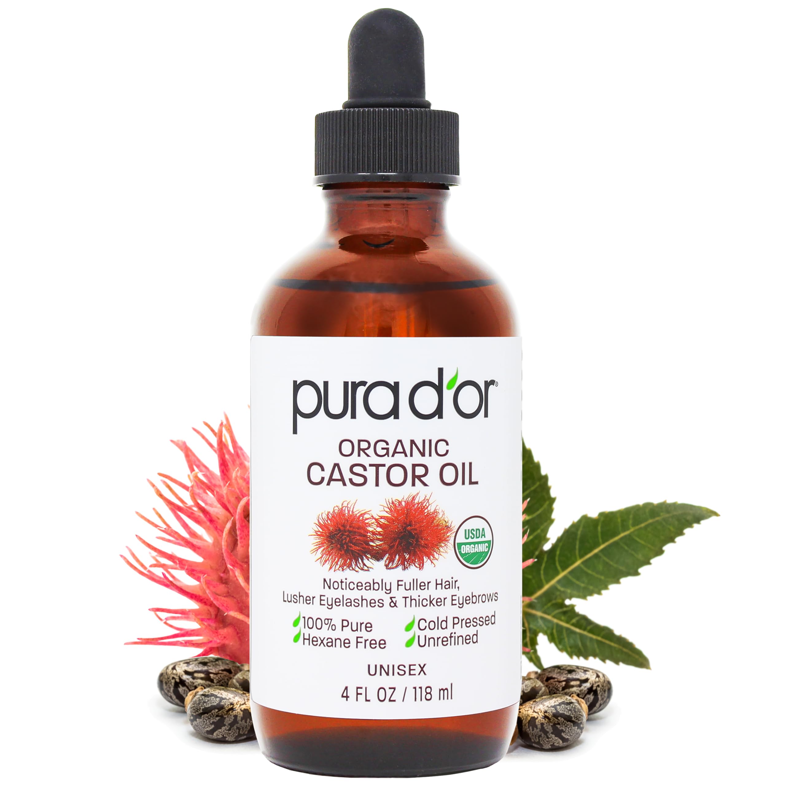 PURA D'OR 4 Oz ORGANIC Castor Oil - 100% Pure USDA Certified Cold Pressed, Hexane Free Eyelash & Eyebrow Serum - For Fuller, Thi