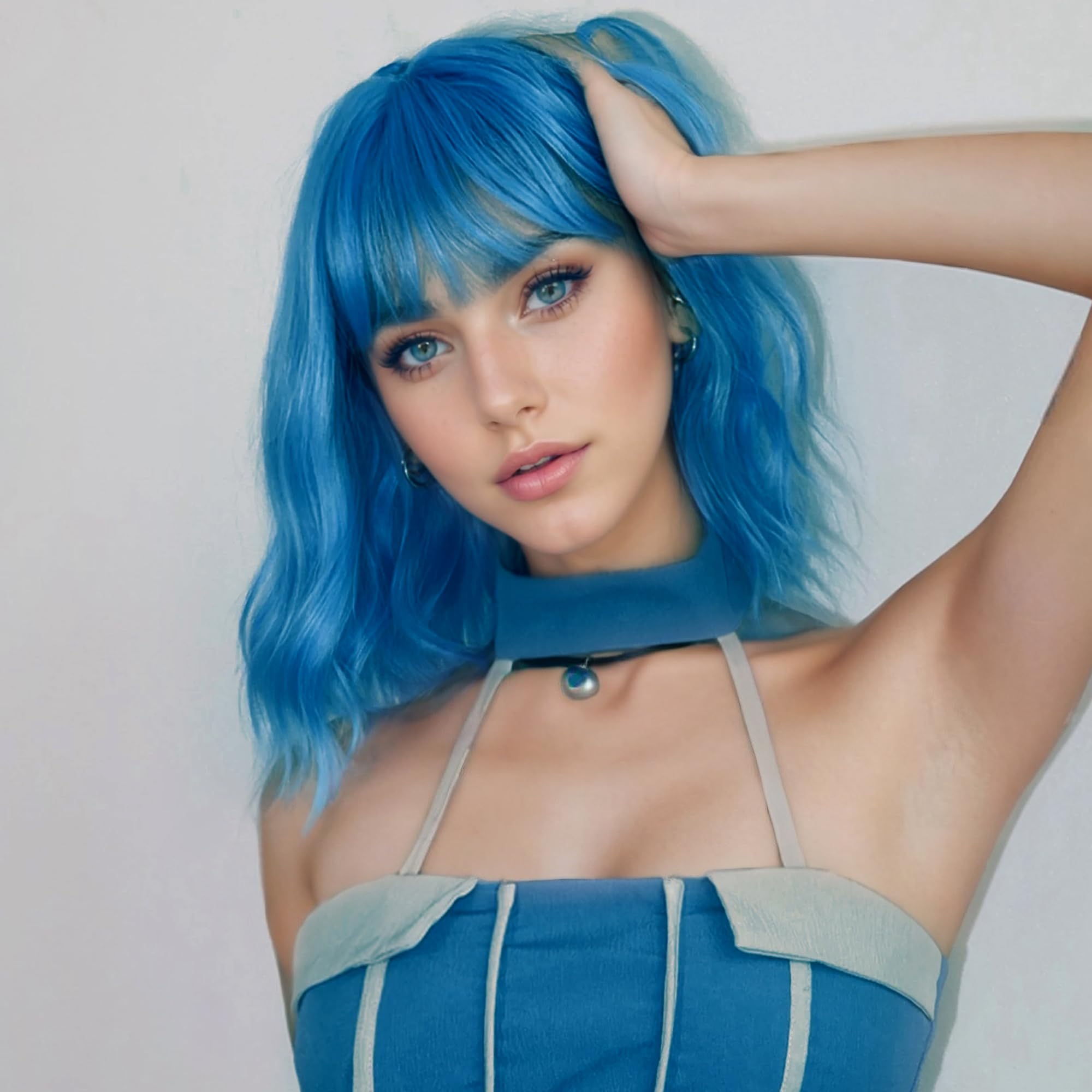 VCKOVCKO Short Bob Wigs Lake blue Wavy Wig With Air Bangs Women's Shoulder Length Wigs Curly Wavy Synthetic Cosplay Wig Pastel B