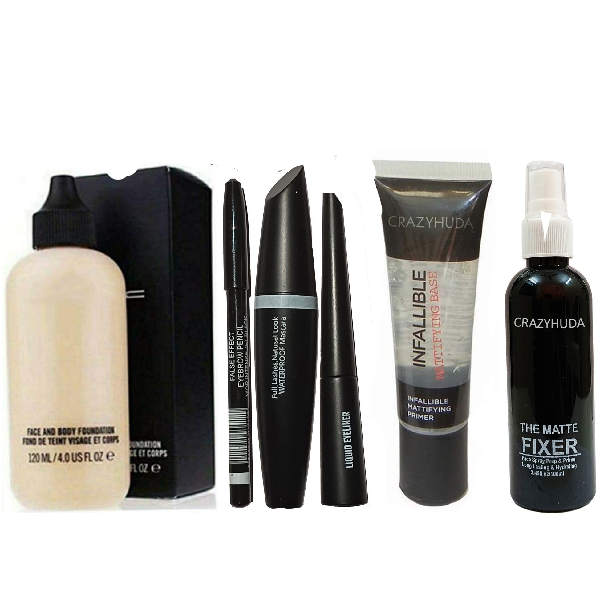 Crazy Huda Professional Combo Waterproof Liquid Mascara, Eyeliner, Eyebrow Pencil, Face And Body Foundation, Mattifying Primer, 