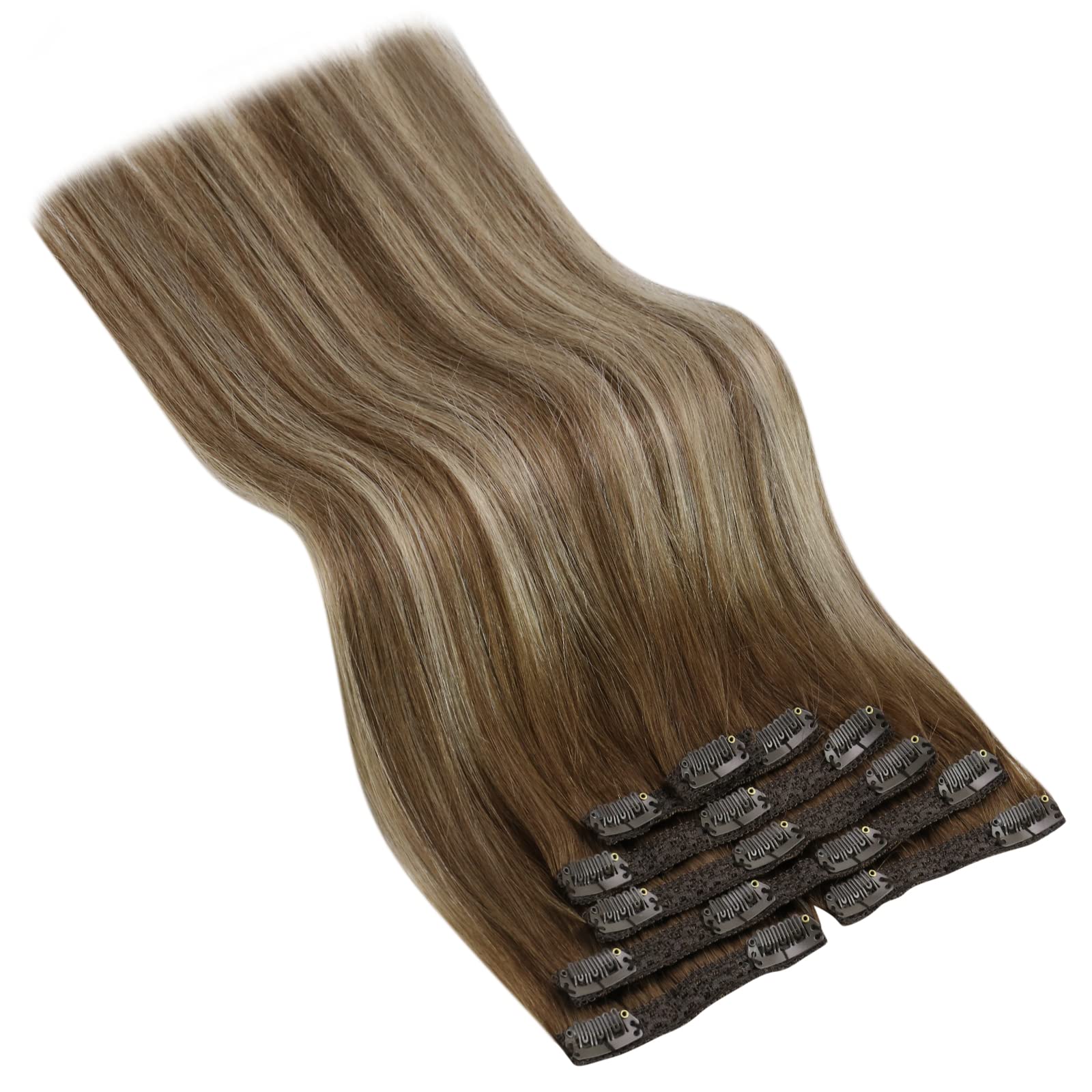 Sunny Human Hair clip in Hair Extensions Balayage Brown Blonde clip in Human Hair Extensions Medium Brown Balayage Platinum Blon